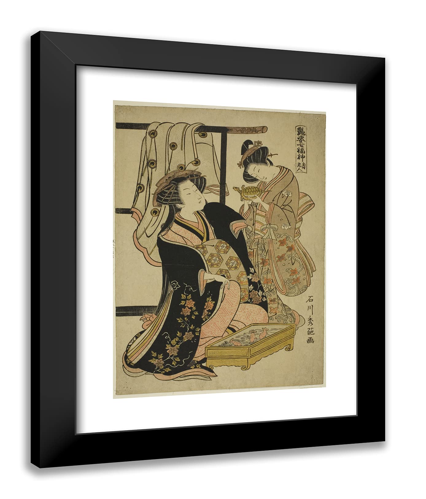 ArtDirect Ishikawa Toyonobu 19x24 Black Modern Framed Art Print Titled Jurojin, from The Series The Seven Gods of Good Fortune (Adesugata Shichifukujin)