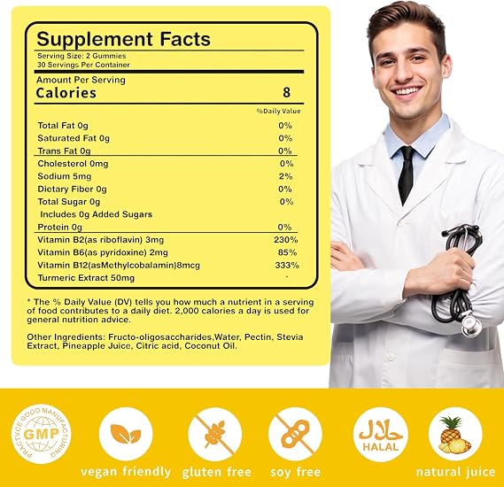Vitamin B2 Gummies Riboflavin for Men Chewable B2 Vitamins for Adults with B Complex Turmeric Extract for Digestive Comfort,Nervous System Support, Vegan, Sugar-Free, Pineapple Flavor,60 Count