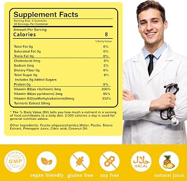 Vitamin B2 Gummies Riboflavin for Men Chewable B2 Vitamins for Adults with B Complex Turmeric Extract for Digestive Comfort,Nervous System Support, Vegan, Sugar-Free, Pineapple Flavor,60 Count