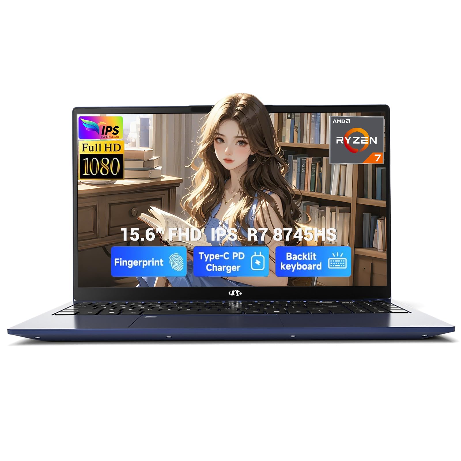 NIMO 15.6" IPS FHD-Gaming-Laptop, AMD Ryzen 7 8745HS 16GB DDR5 RAM 256GB SSD (8C/16T, up to 4.9GHz) Radeon 780M Graphics Business Computer with 100W Type-C Backlit Keyboard, Fingerprint USB-C 4.0