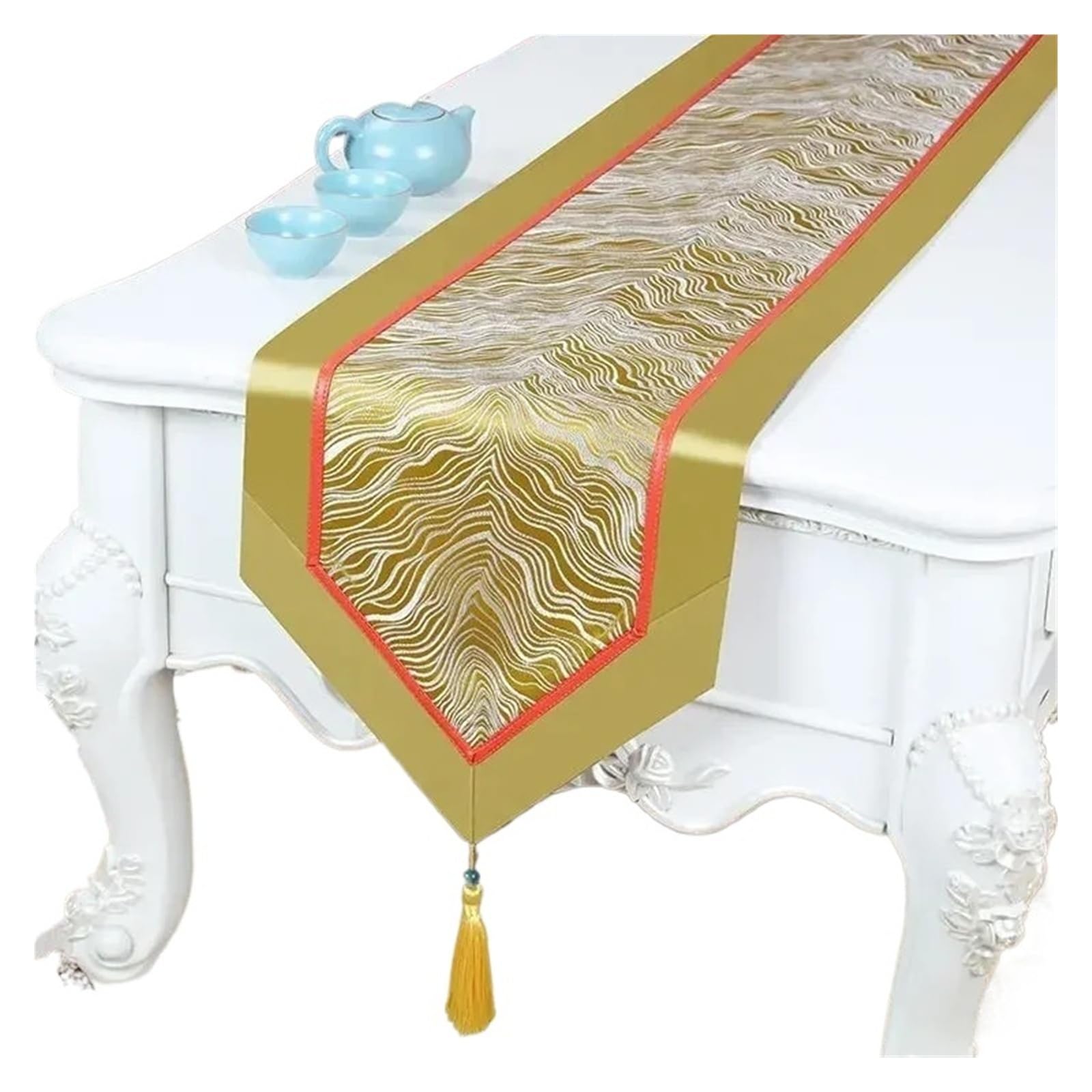 Satin Table Runners Golden Wave Pattern Table Flag European Satin Tassel Coffee Long Towel Cabinet Wedding Celebration Decorative Tablecloth(Color11,33x350cm 1pcs)
