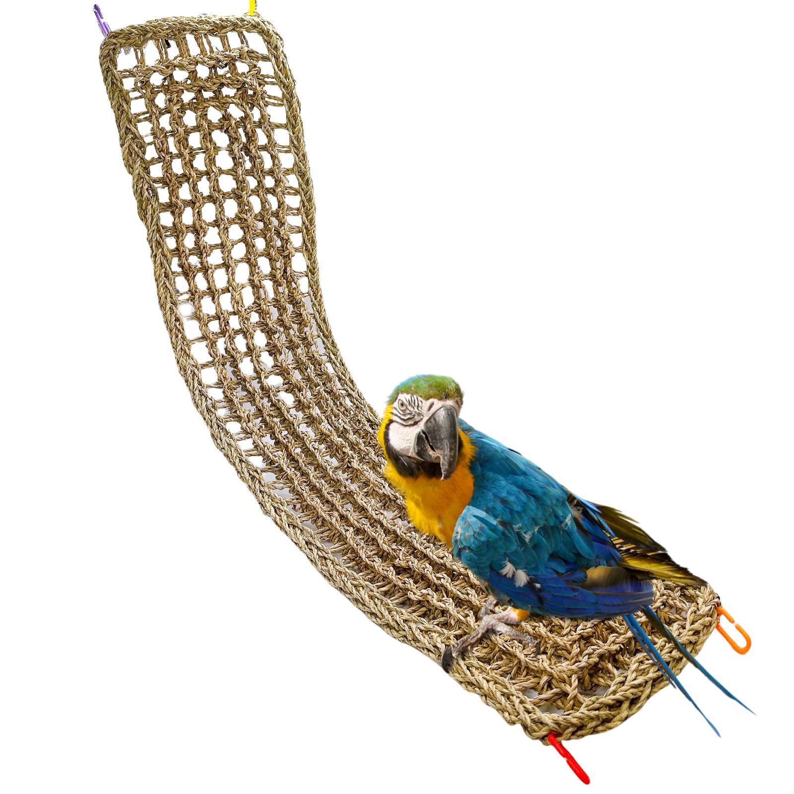 Bird Seagrass Mat 39.4×7" Natural Grass Woven Net Hammock Hanging on Parrot Cage with Hooks Parakeet Climbing Rope Ladder Chew Toys for Lovebird Cockatiel Conure Budgie Cockatoo Supplies