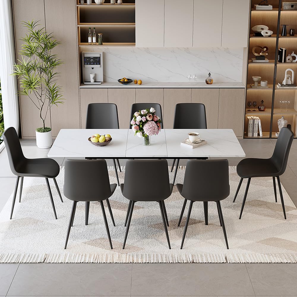 FURNITO Dining Table Set for 8, 59"-75" Extendable Dining Room Table Set with 8 Upholstered Chairs, White Kitchen Table Chairs Set for Living Room,