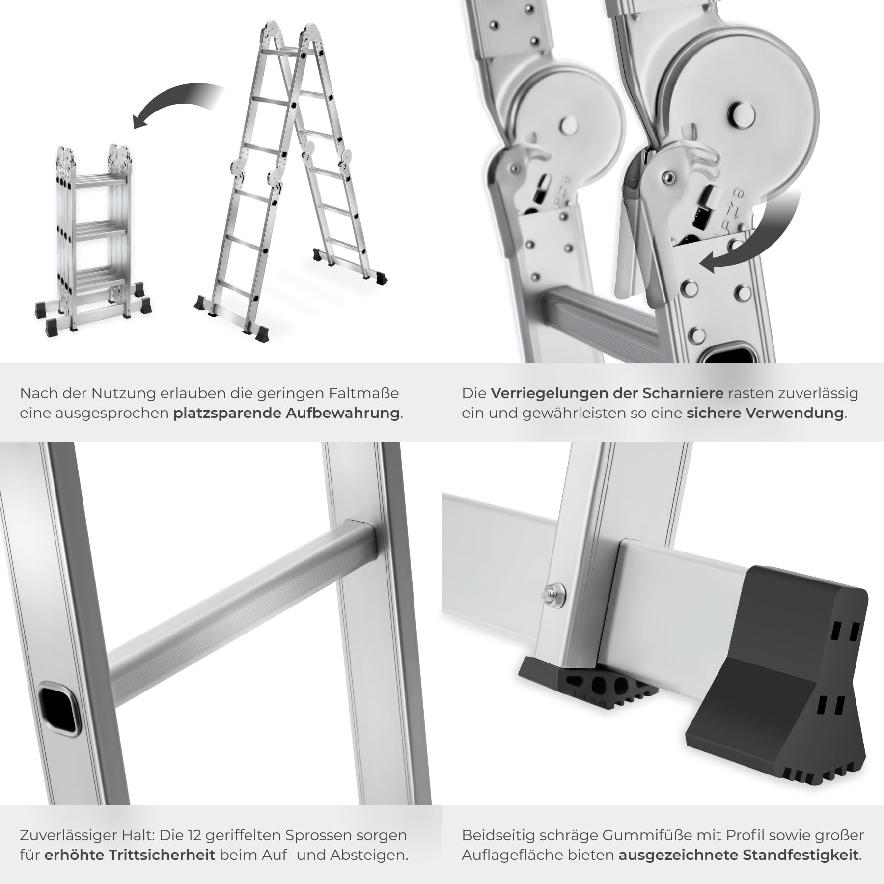 tectake® Aluminium Mehrzweckleiter 6in1, 4 x 3 Sprossen, 352 cm, Belastbarkeit 150 kg, geriffelte Trittfläche, klappbar, rutschfest, abgerundete Kanten, Multifunktionsleiter, Haushaltsleiter - Silber