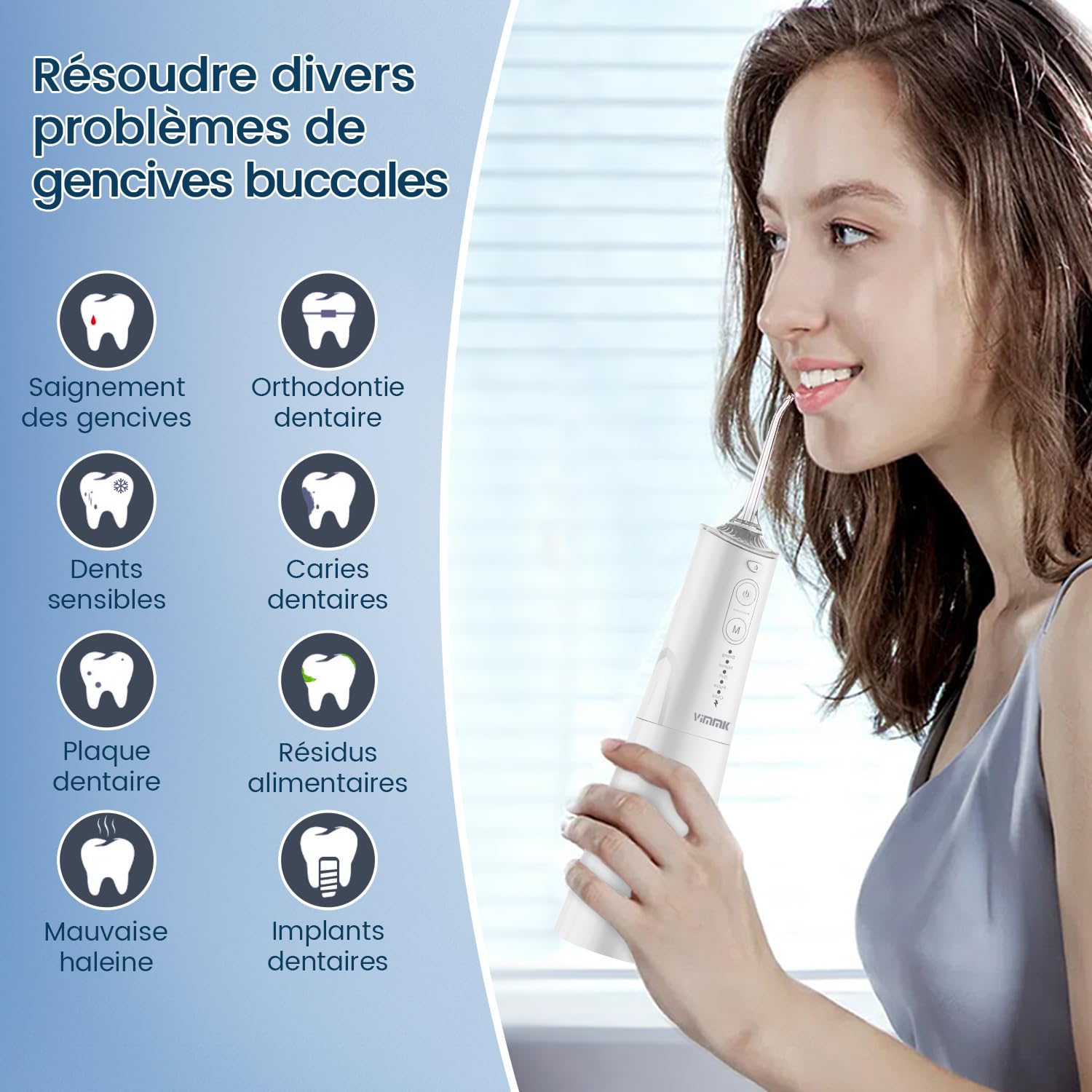 VIMMK Jet Dentaire Hydropulseur et Irrigateurs Oral avec 5 Modes de Pression d'eau et 8 Embouts Remplaçables, Rechargeable et Étanche IPX7, Réservoir 300ML (Blanc)