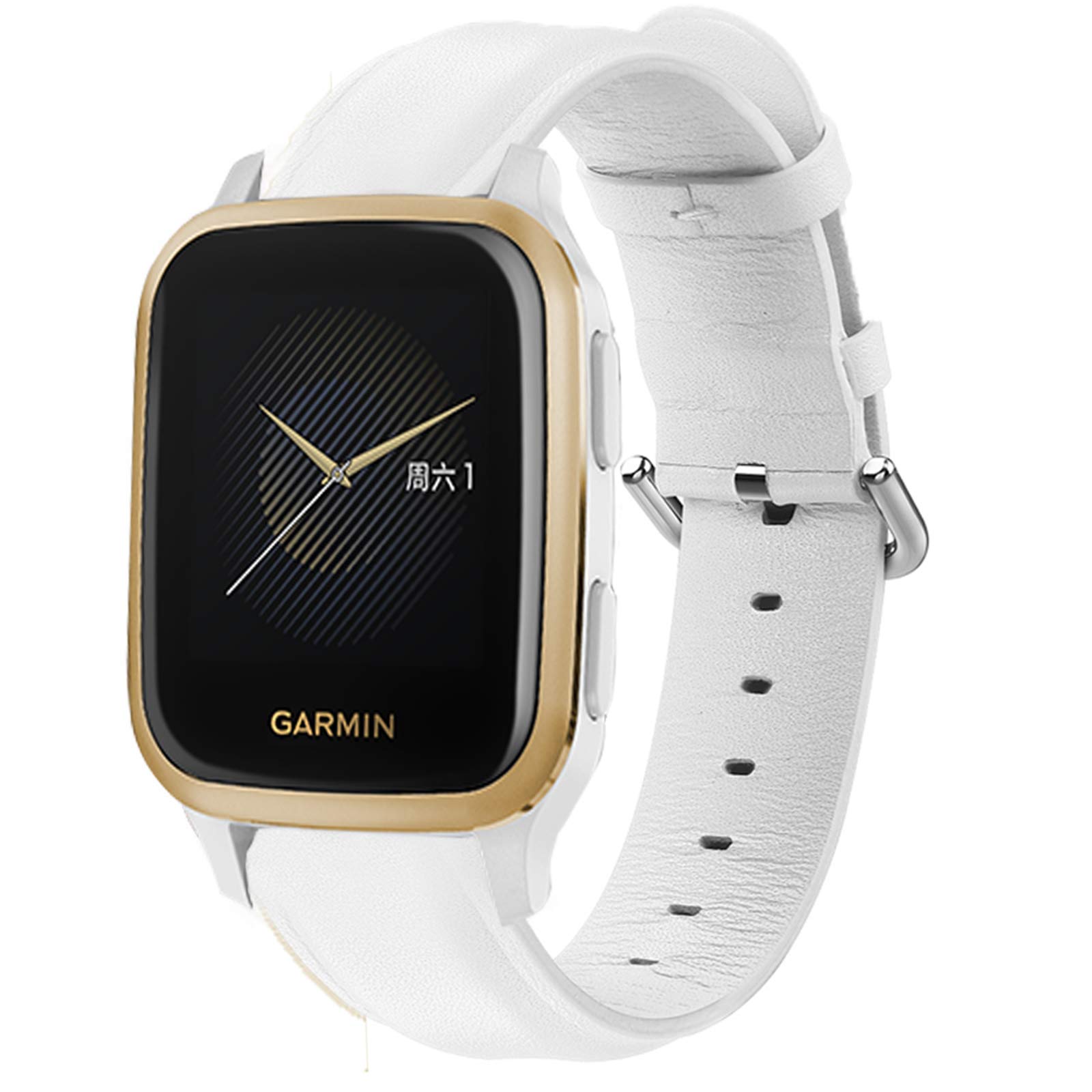 YOUkei Compatible with Garmin Venu Sq 2 Band, Soft Classic Genuine Leather Replacement Strap Watchband Compatible with Garmin Venu Sq Smartwatch/Venu Sq 2 / Venu 2 Plus Smartwatch (White)