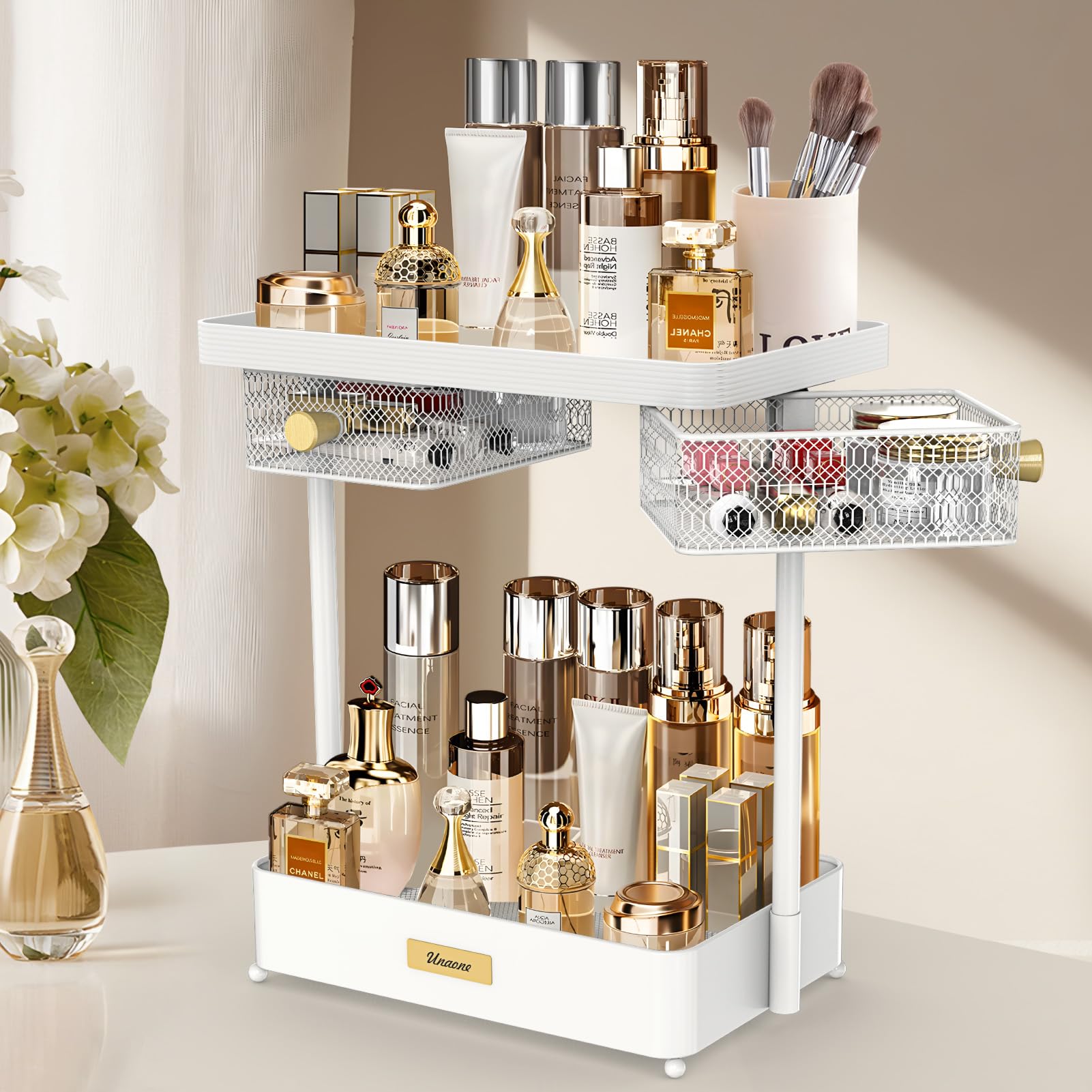 Unaone Makeup Organizer Countertop - 2 Tier Skincare Organizer with 2 Rotating Drawers, Versatile Cosmetic Display Cases Perfume Organizer for Vanity Bathroom Countertop, Ideal Gifts for Women (White)