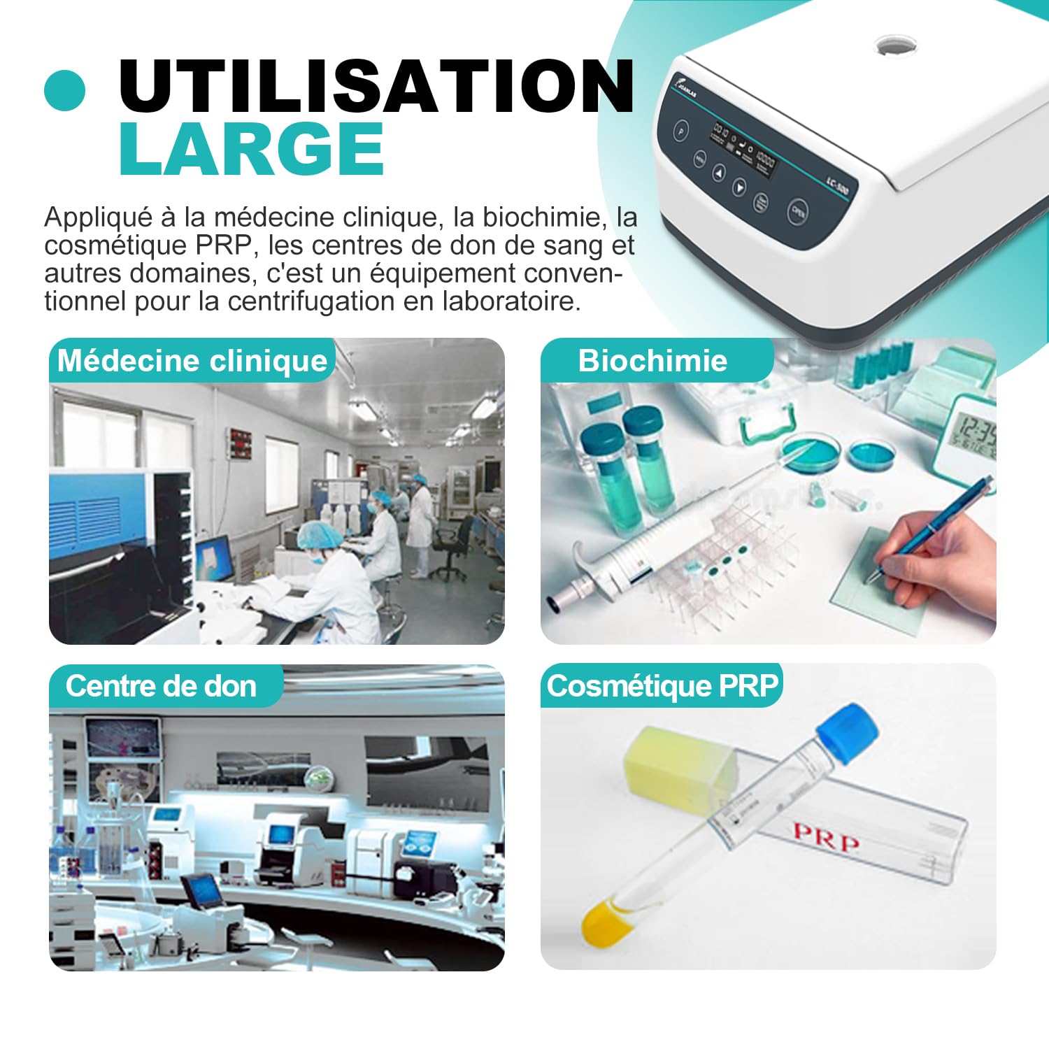 JOANLAB LC500-6 Centrifugeuse de Laboratoire, 500-4000RPM, 2146xg | 9 programmes, écran digital, tubes 2/5/10/15/50ml, arrêt déséquilibre, verrou couvercle, séparation plasma PRP