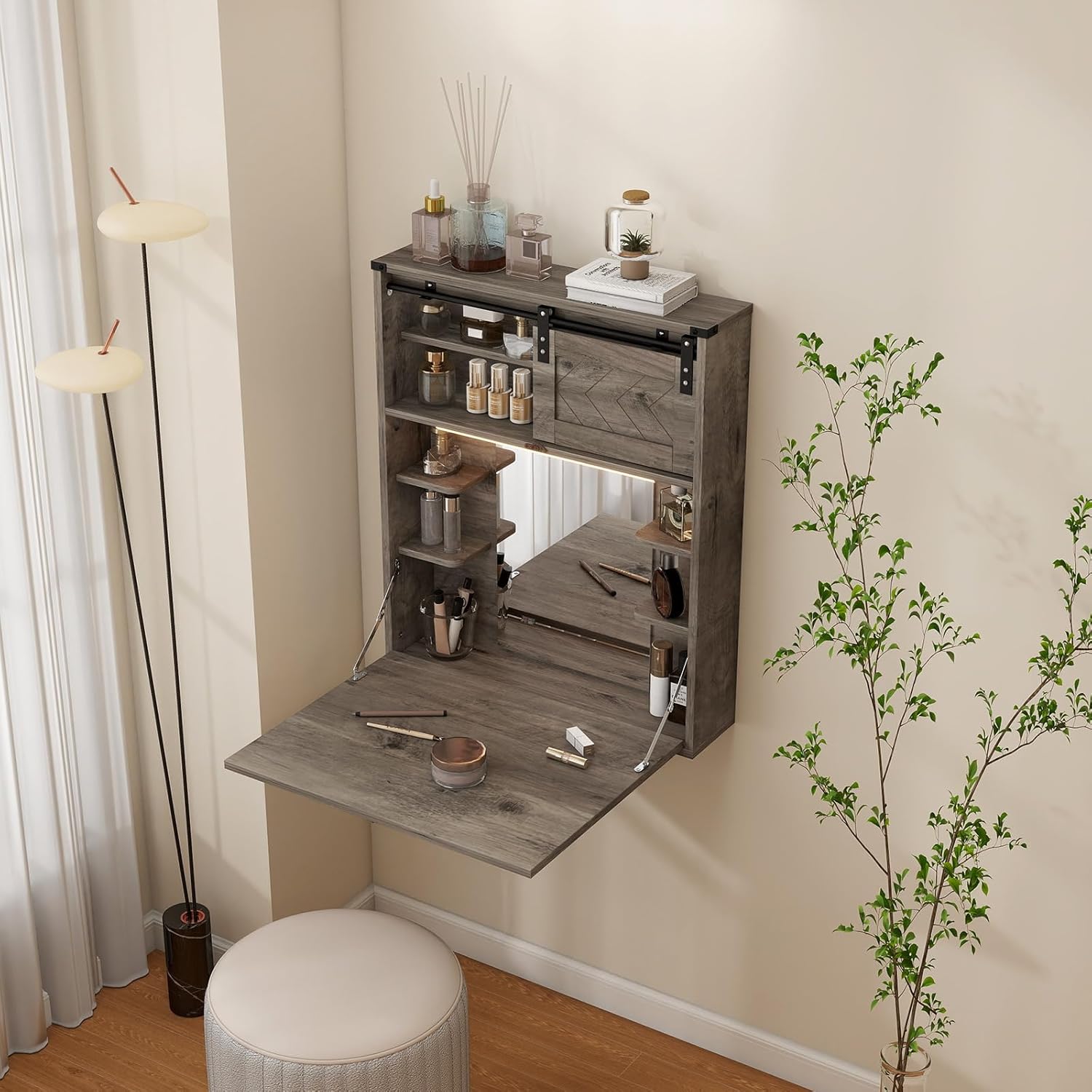 ARTETHYS Floating Vanity Desk with Mirror and Lights Small Wall Mounted Makeup Set with Storage Gray Farmhouse Dressing Table for Tiny Space