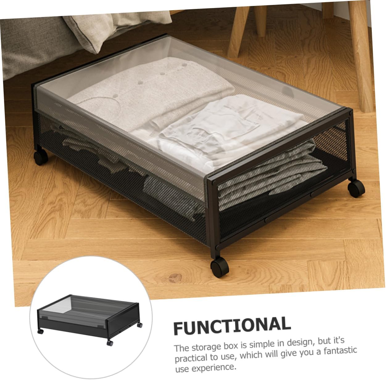 Bed Storage Organizer Wheels Black Storage Bin Lid Space-Saving Container for Clothes Toys and Books Dust-Proof Design for Bedrooms and Closets