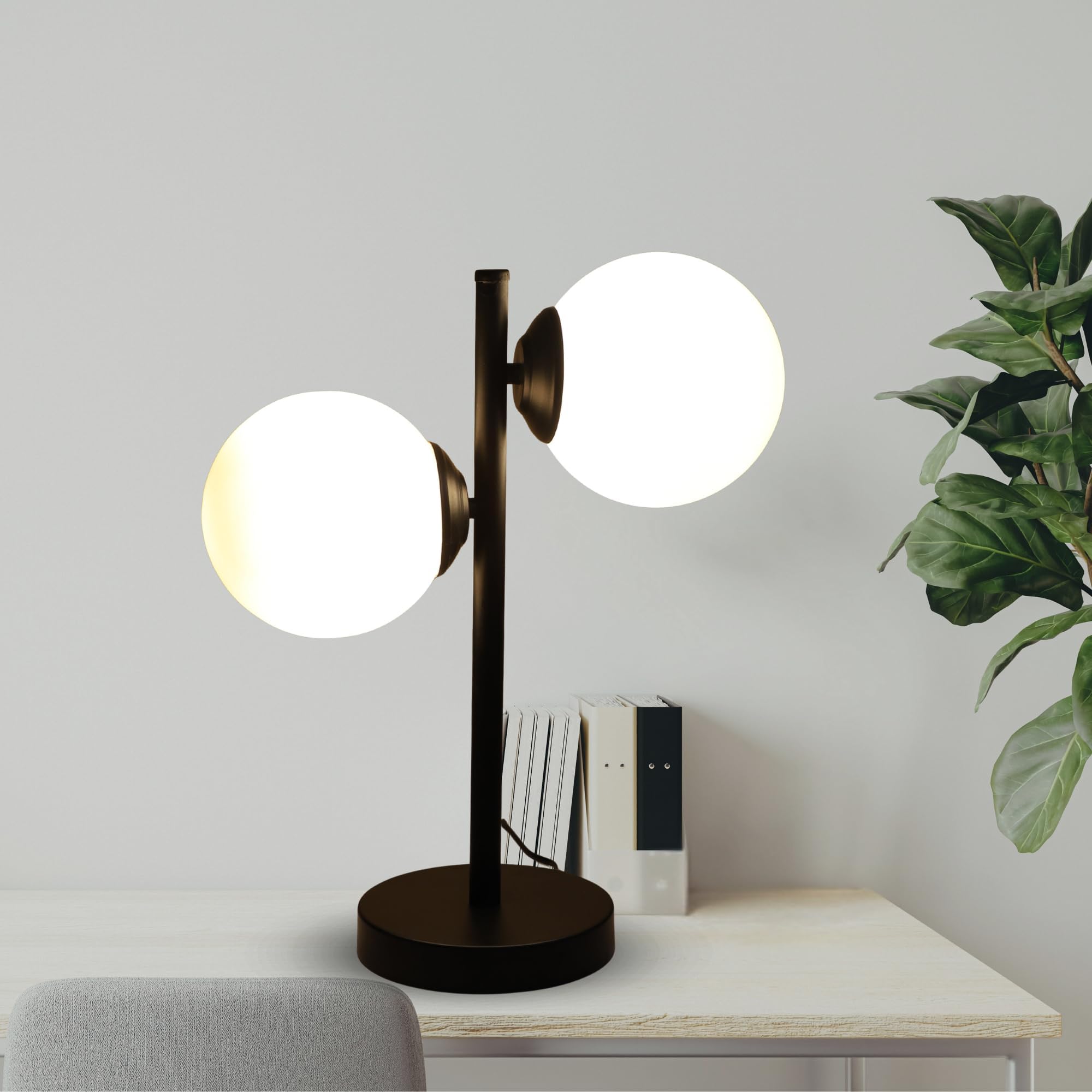 Black Metal (2 White Glass Shade) Table Lamp for Home Decoration, Bedroom, Living Room, Lounge, Office, Gifting, Study Table (H - 16" / No Blub)