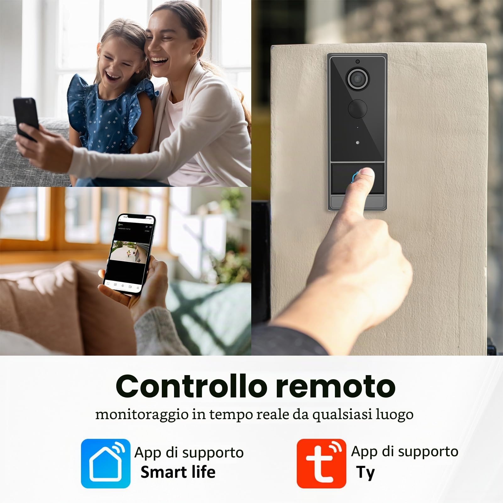 Smart Smart WiFi, campanello senza fili, intercom con PIR Wakeup 1280 x 720, visione notturna, due possibilità audio, IP65, Water Proof for Home Security,