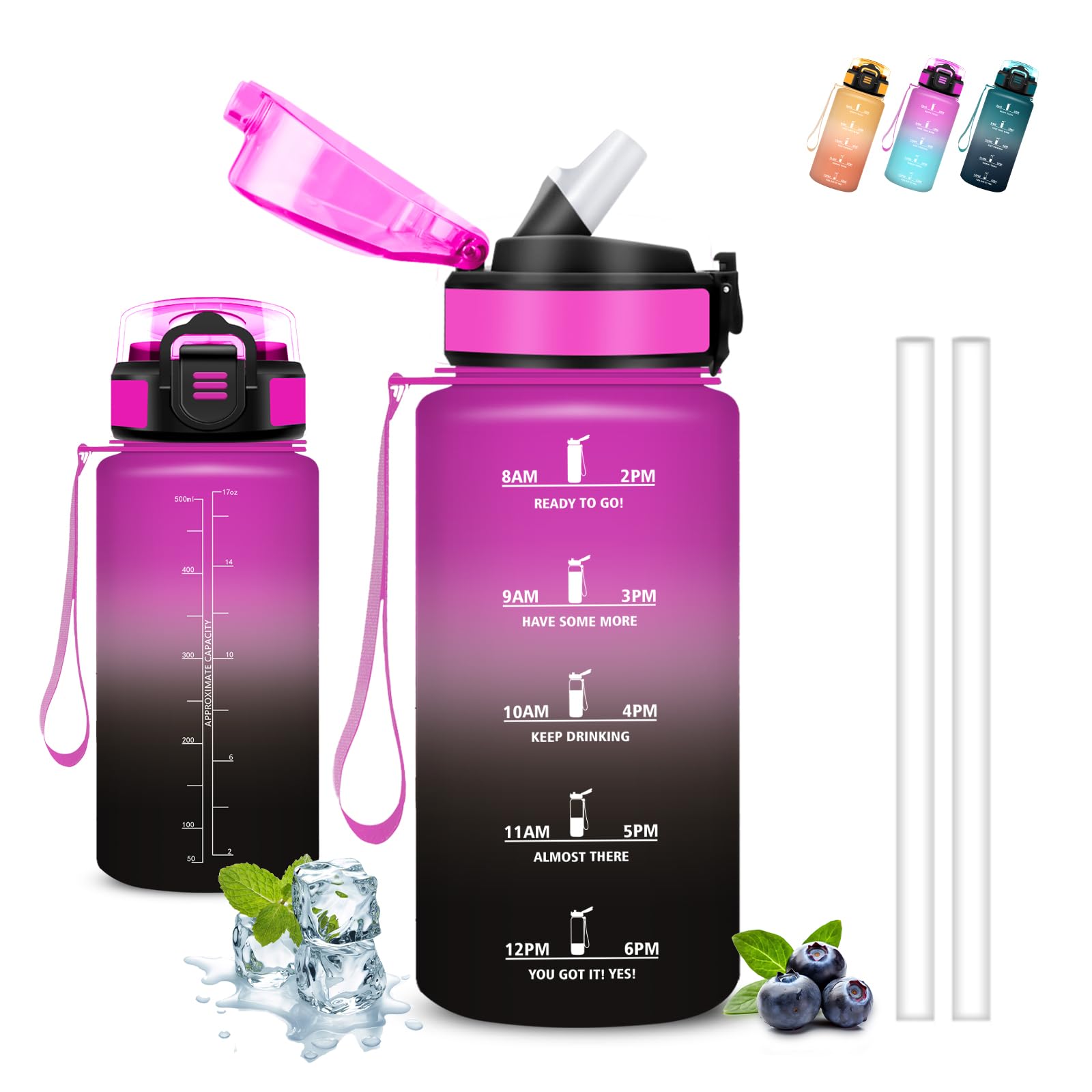 Drinkfles Voor Kinderen, 500ml Drinkfles, Drinkfles Met Rietje, Lekvrij, Drinkfles Met Tijdmarkering, Om Mee Te Nemen, Schooldrinkfles, Waterfles Voor Kantoor, Sport In Camping.