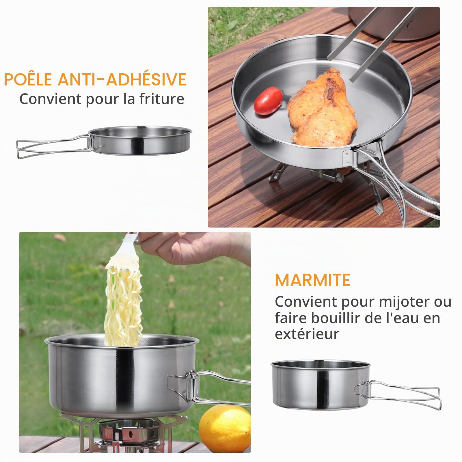 Lixada Kit de Casseroles Camping Batterie de Camping en Acier Inoxydable Set Ustensiles et Casseroles pour la Randonnée la Cuisine