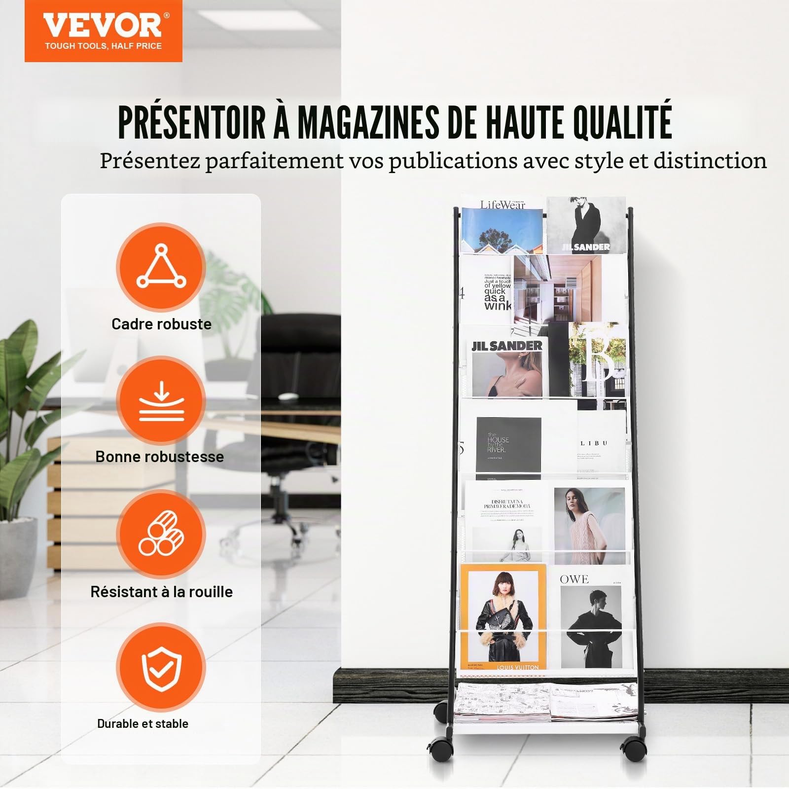 VEVOR Présentoir à Brochures 6 Niveaux, Porte-Brochures sur Pied avec 4 Roulettes (2 Verrouillables), Porte-Revue Cartes de Vœux, Magazines, Journaux, pour Magasin Bureau Salon Foire Exposition