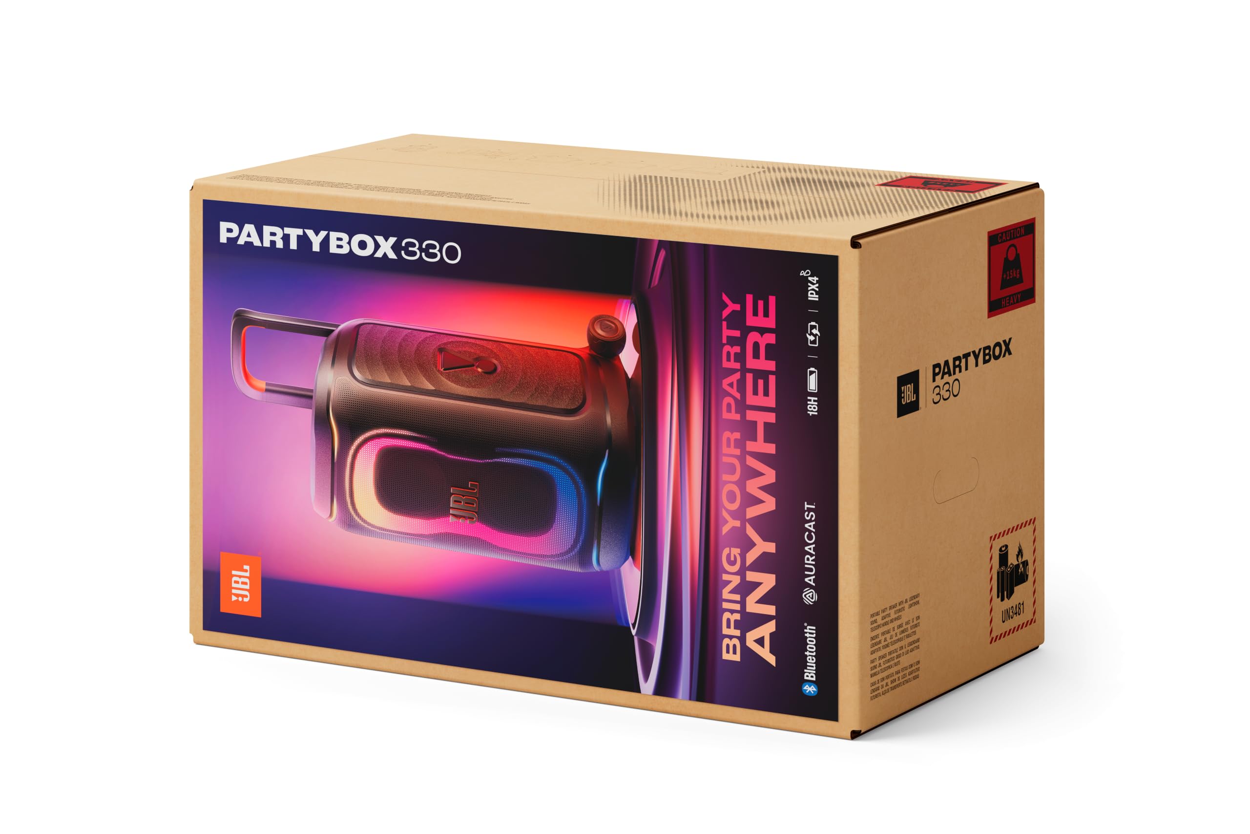 JBL PartyBox 330 Speaker Bluetooth Portatile, Nero | Suono JBL, Spettacolo di Luci Dinamico, AI Sound Boost, Manico Telescopico, IPX4 Resistente agli Schizzi, 18 Ore di Autonomia