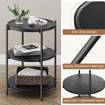 Side Table, 3-Tier Modern End Table with Wheels, Small Round Nightstand Bedside Table for Living Room, Bedroom, or Small Spaces-Black