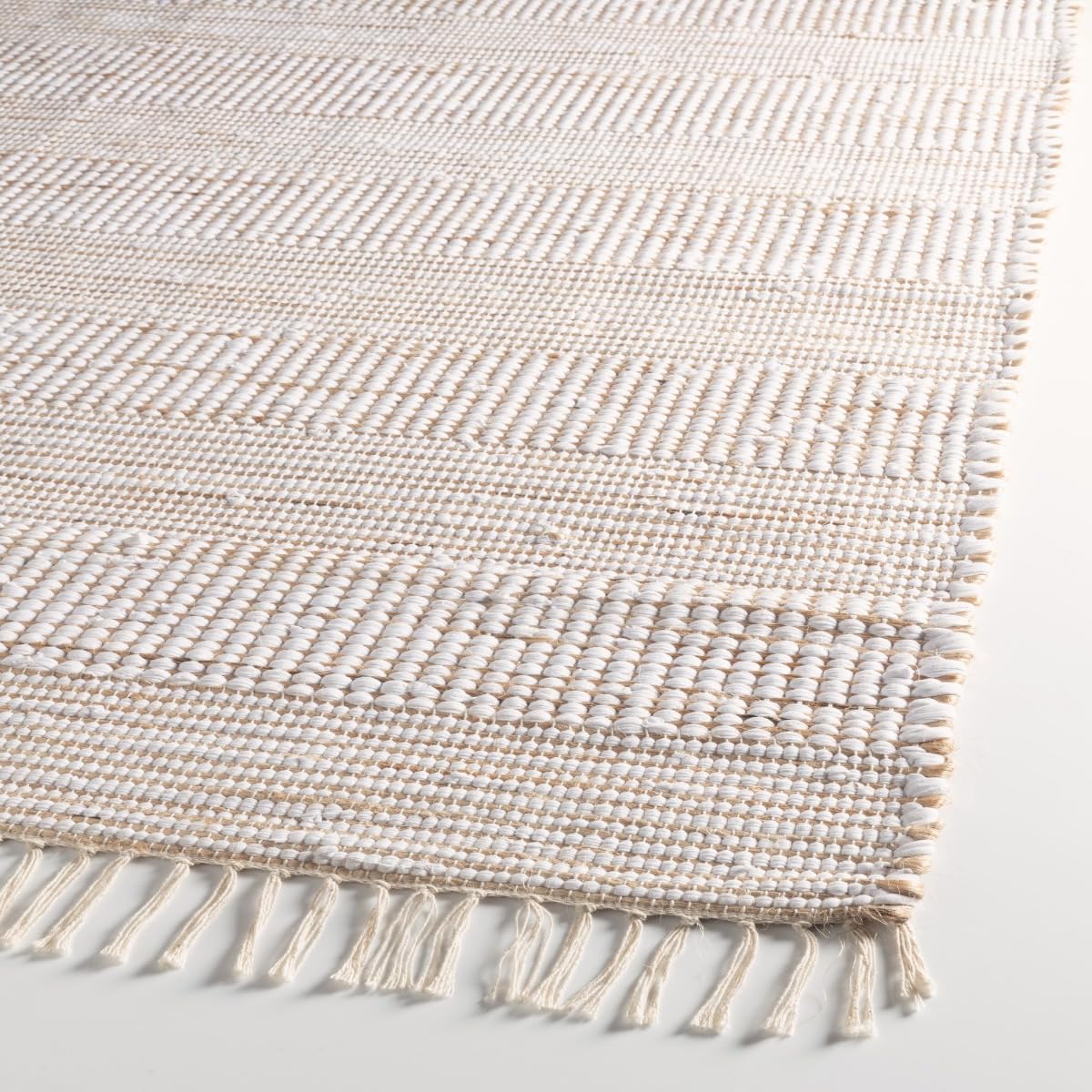 Tapis à franges en coton et jute blanc motif rayé naturel 160x230