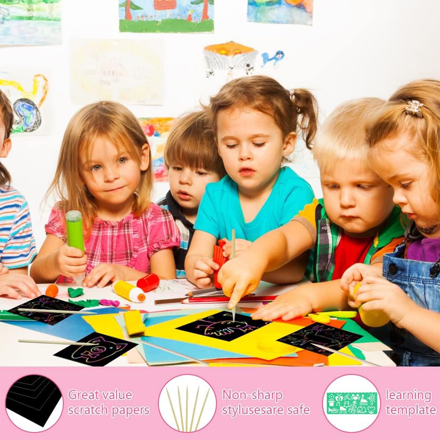 Set De 50 Papeles Para Rascar Arcoíris – Tamaño 18.3x12.3 Cm – Incluye 5 Palos De Madera Y 4 Plantillas – Arte Creativo Para Niños Y Adultos – Regalo De Manualidades