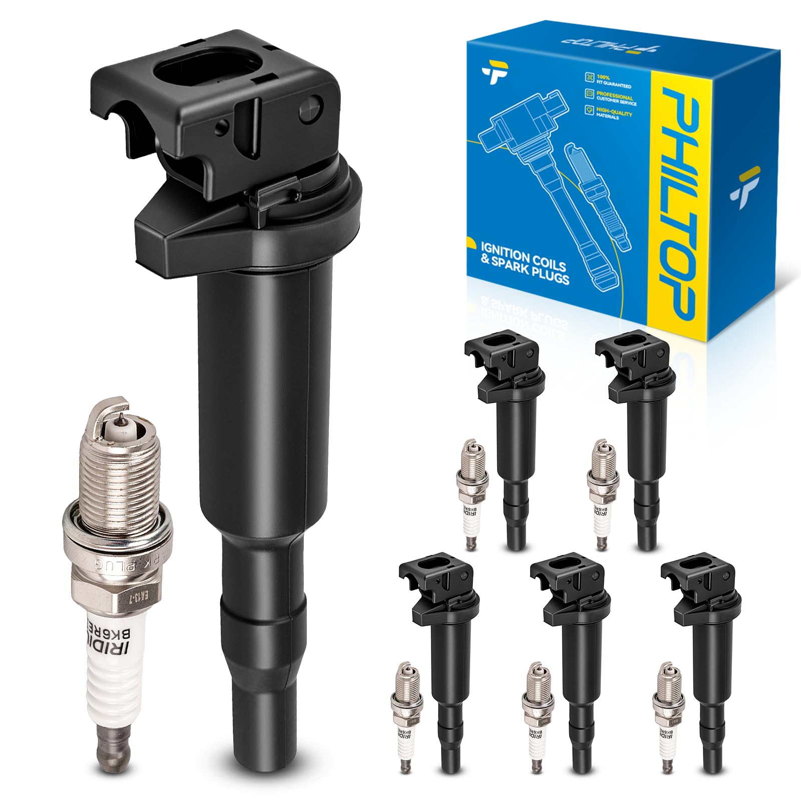 PHILTOP Ignition Coil UF592 &amp; Iridium Spark Plugs Fit for BMW X3 2006
