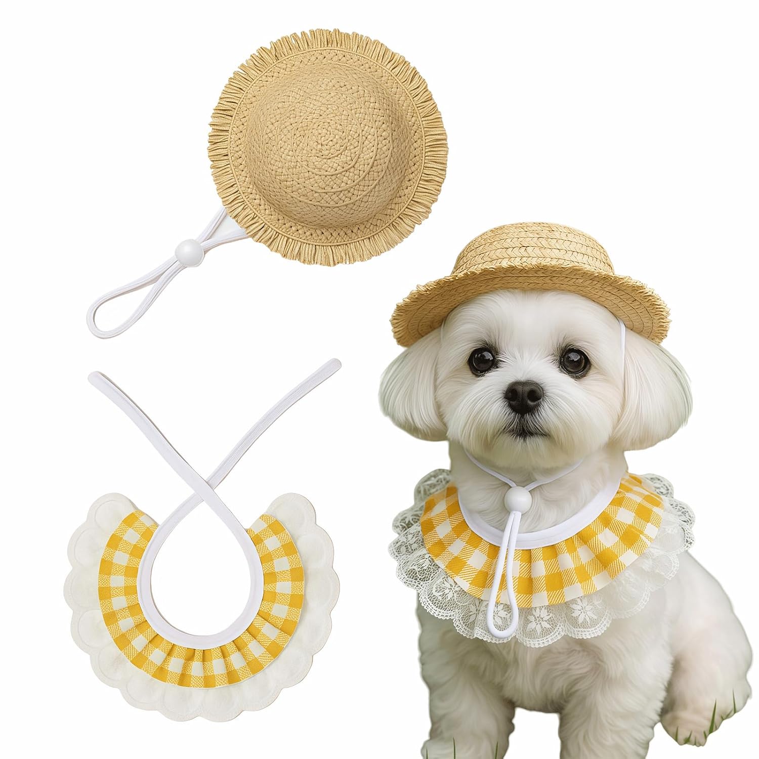 Pet Straw Hat & Lace Collar Set, Adjustable Summer Outfit for Dogs, Cats & Goose Duck Farm Animals, Yellow Gingham Pet Costume for Photoshoots & Daily Wear Accessories