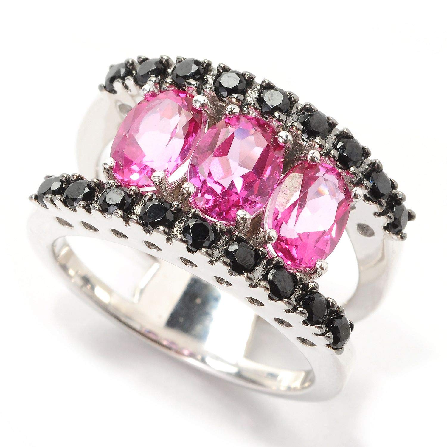 925 Sterling Silver with 3.45 CTTW Oval Shape Pink Topaz and Natural Black Spinel Three Stone Ring for Women's