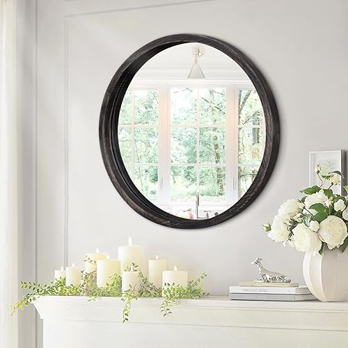 Miniatura 64 de JJUUYOU Espejo circular de pared redondo para baño, espejo de tocador marrón rústico, pequeño círculo decorativo para pared, marco de madera, espejo