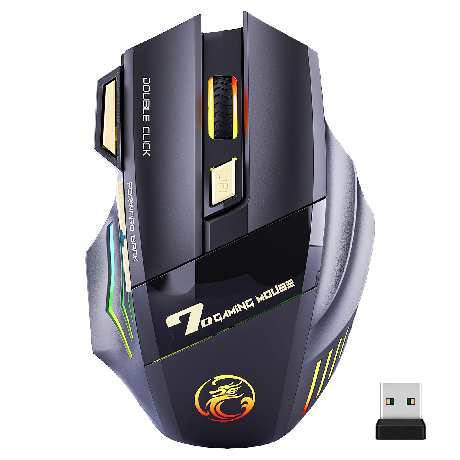 マウス ワイヤレス 無線 充電式人間工学に基づいた静音マウス 2.4G USBレシーバー付き メカスタイル ノートパソコン 充電式Mouse 小型 軽量 4段階DPI調節 携帯便利IPAD PC対応可能 (ブラック)