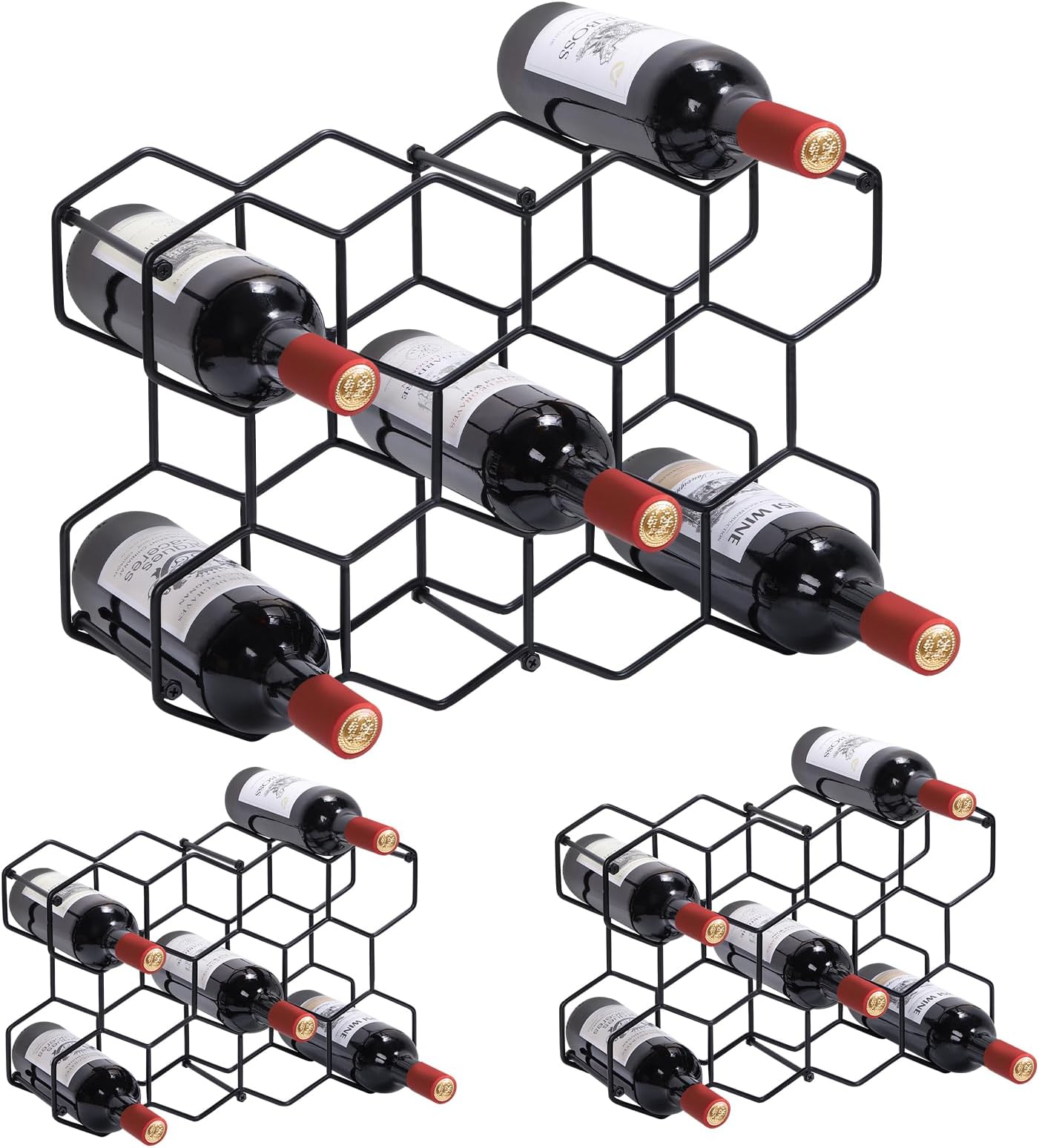 9 Bottle Black Metal Honeycomb Countertop Wine Rack - Freestanding Tabletop Organizer For Kitchen Or Bar - View #4
