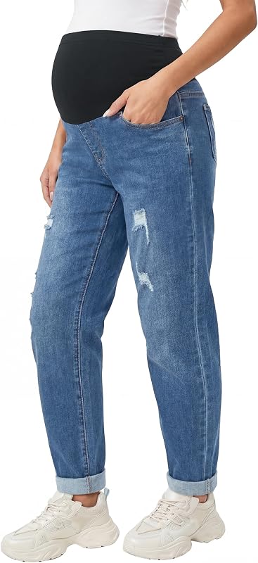 OUGES Women's Adjustable Waistband Cotton Blend Maternity Jeans Over Belly Stretchy Casual Loose Ripped Denim Pants 2026