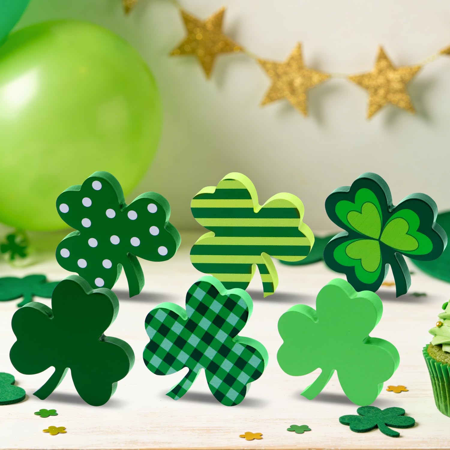 Photo 1 of **SIMILAR--DIFFERENT DESIGNS, 4 PACK**Quimoy St Patricks Day Shamrock Decorations,4 Pcs Irish Green Pattern Wooden Lucky Clover Signs, Standing Shamrock St Patricks Day Table Decorations for Home Office Holiday Party Decor
