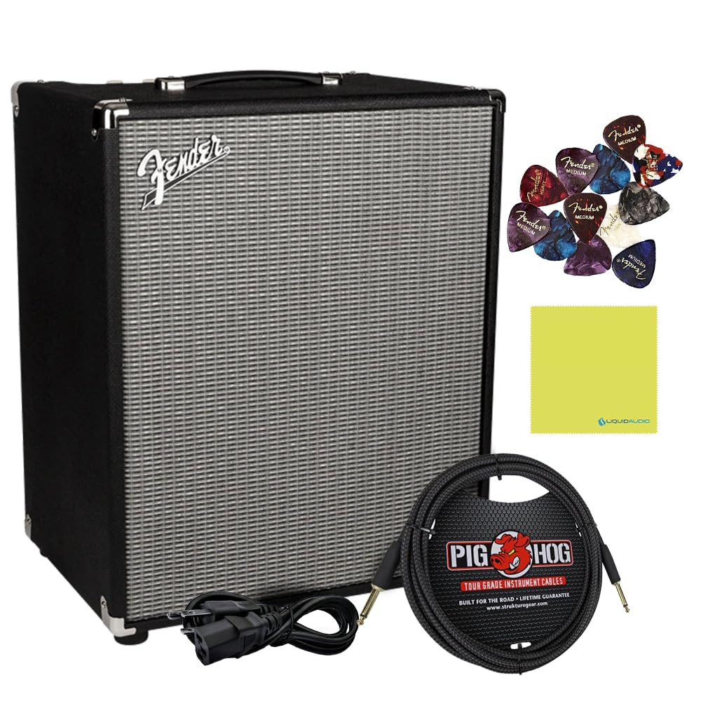 Fender Rumble™ 200 Bass Amplifier Bundle w/Pig Hog PCH10BK Black Woven Instrument Cable, Power Cable, 12x Fender Picks and Liquid Audio Polishing Cloth
