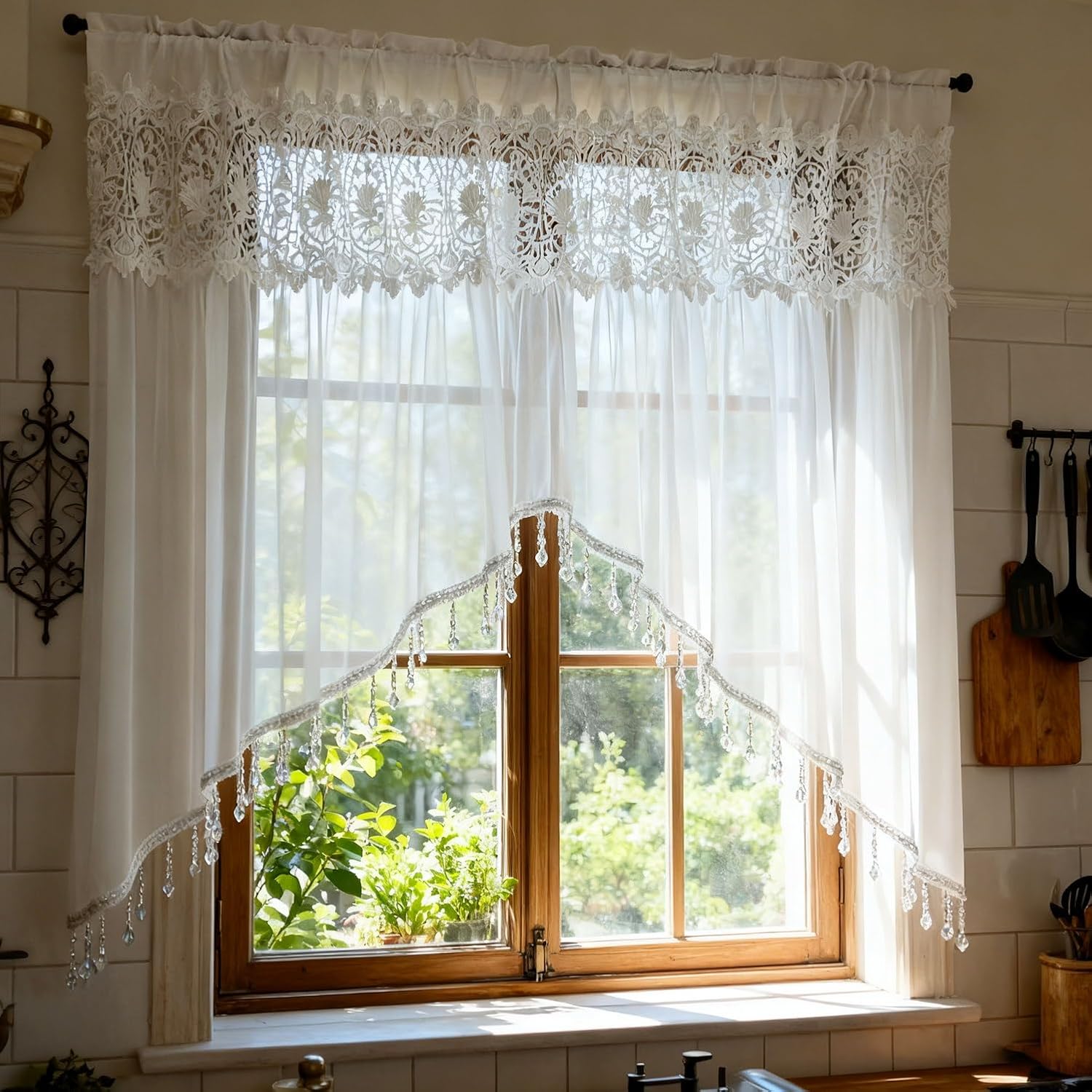 Luxury Sheer Valance Curtains for Living Room Window Valance Bead Trim Tassel Swag Curtain Macrame Rod Pocket Room Divider Kitchen Dining Room 1 Panel (W78 X L47 Inch,White)