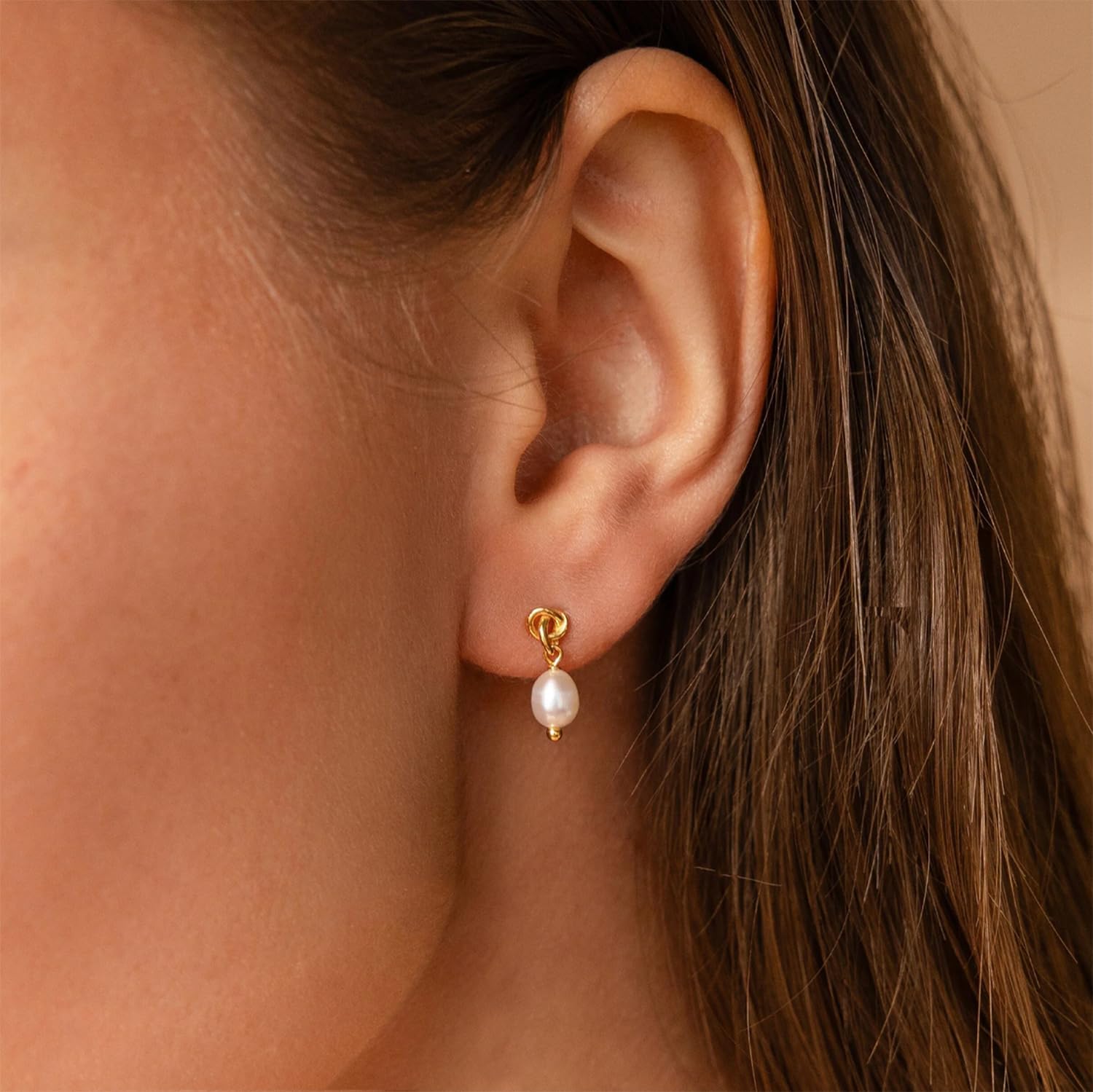 Pearl Earrings: 14k Gold-plated Dainty Pearl Drop Dangle Huggie Hoop Earrings for Women - Image 3