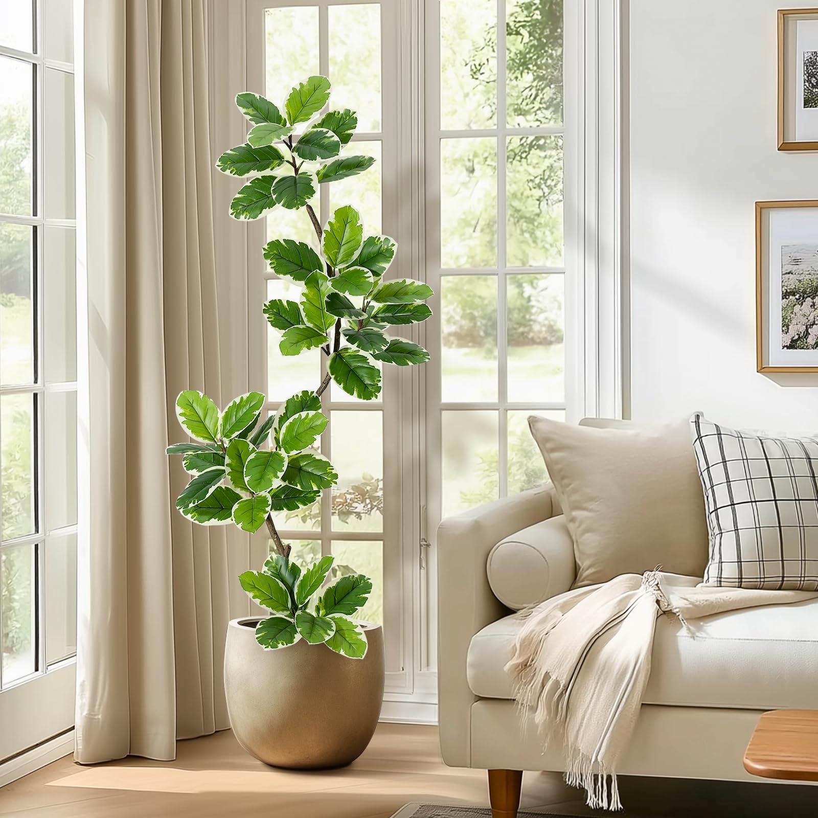 Künstlicher Gummibaum Ficus Lyrata, Große Kunstpflanze Mit Übertopf Und Steinen,Pflegeleicht Und Realistisch, Deko Wohnzimmer Deko Kunstpflanzen,Groß Als Bodengewächs Perfekte Wohnung Und Büro,150 cm