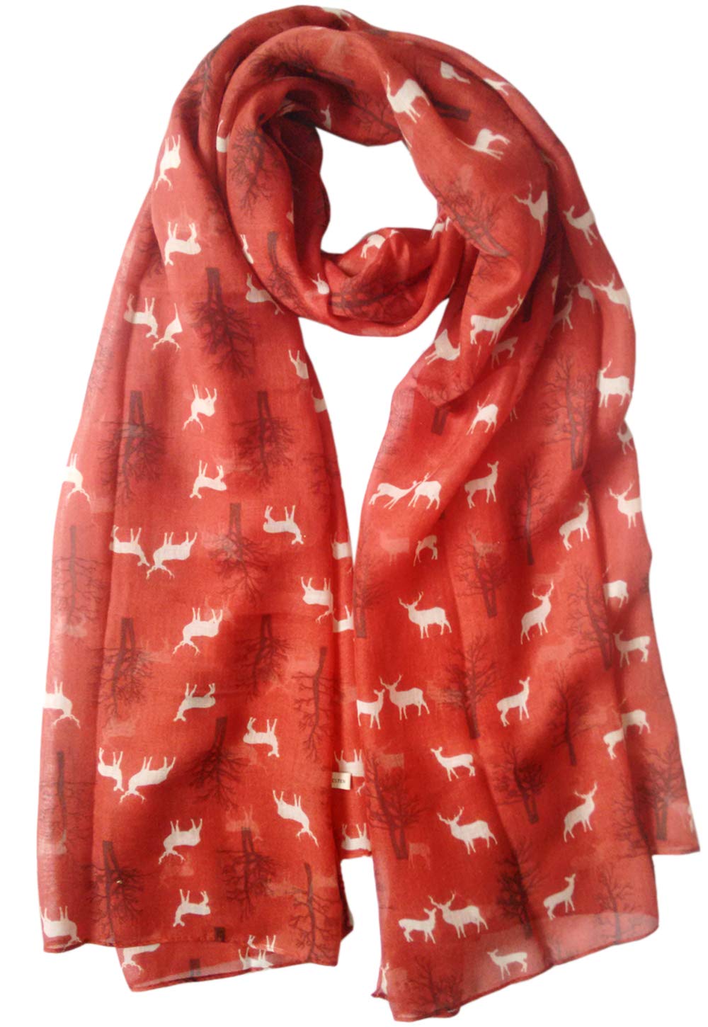 Glamlondon Women's Rust Red Deer Scarf Winter Deers Fir Tree Reindeer Printed Christmas Scarves Gift (Rust Red)