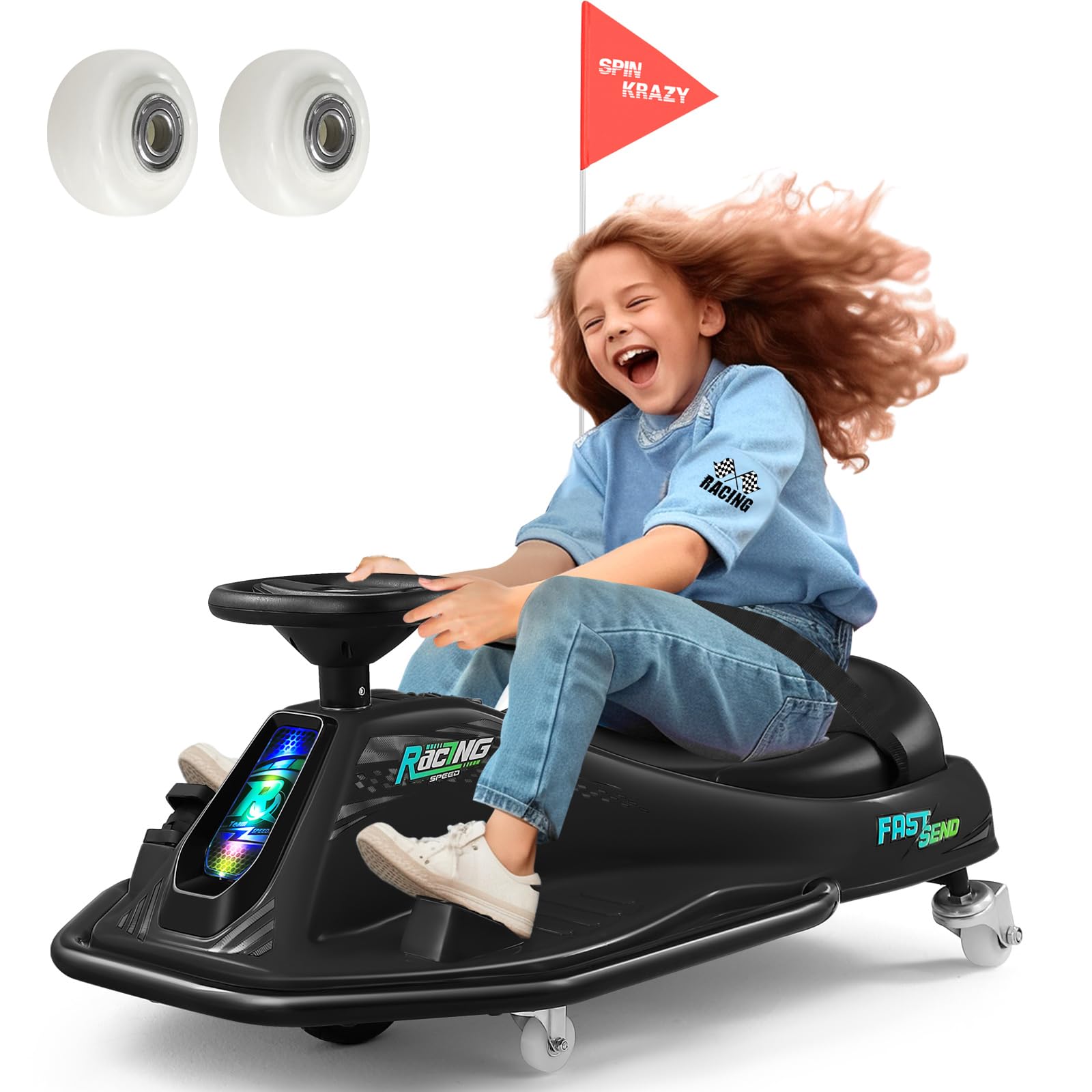 360 Degrees Rotating Ride On Drift Car, 24V Electric Drifting Go Kart for Kids W/Replacement Wheels, High/Low Speed, 24V Brushless Motor, Flashing Lights, Flag, Music,Bluetooth, Black