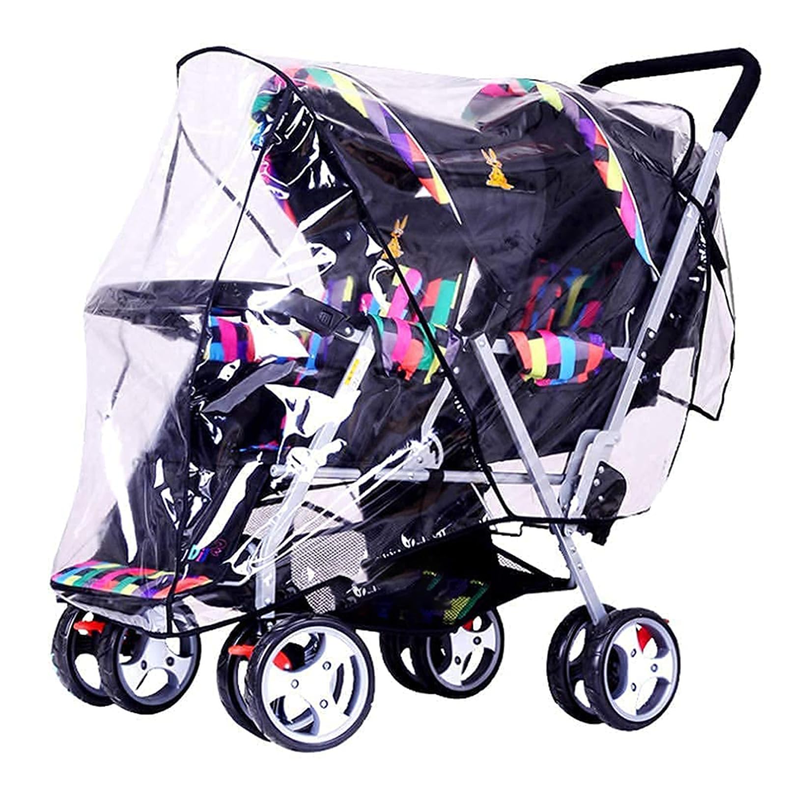 Housse de pluie universelle imperméable Double Housse de Capuche PVC Protection de siège jumaux pour Landau Bébé Habillage Poussette avant/arrière/côté Couverture à 360 ° (Transparent2)