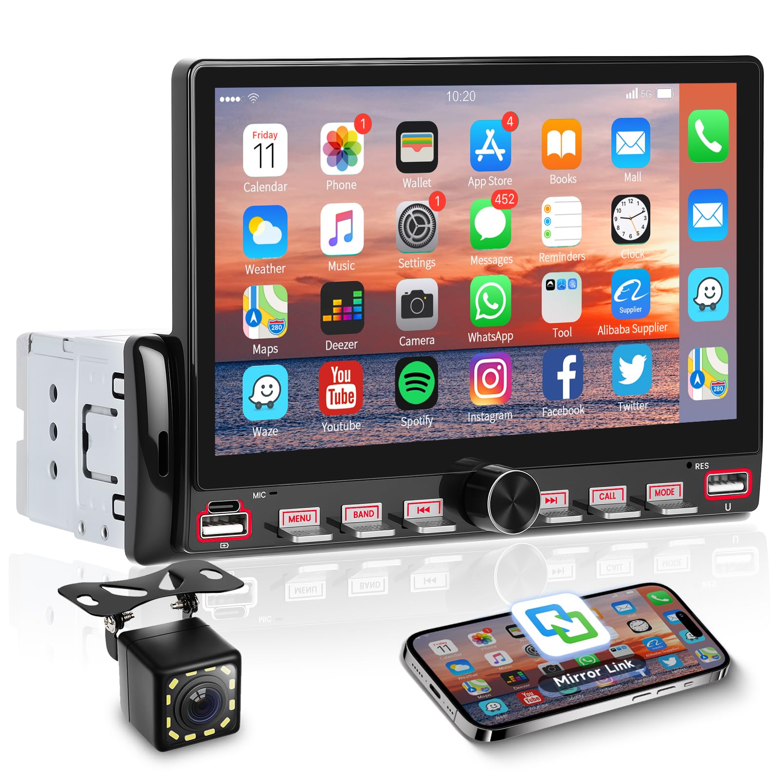 Hodozzy Teclas Piano Radio de Coche 1 DIN con Bluetooth, Estéreo para Auto Pantalla Táctil de 7 Pulgadas con Radio FM, Mirror Link, EQ, Vídeo en Línea, USB/Tipo C, SWC, Retroiluminación Color+ Cámara