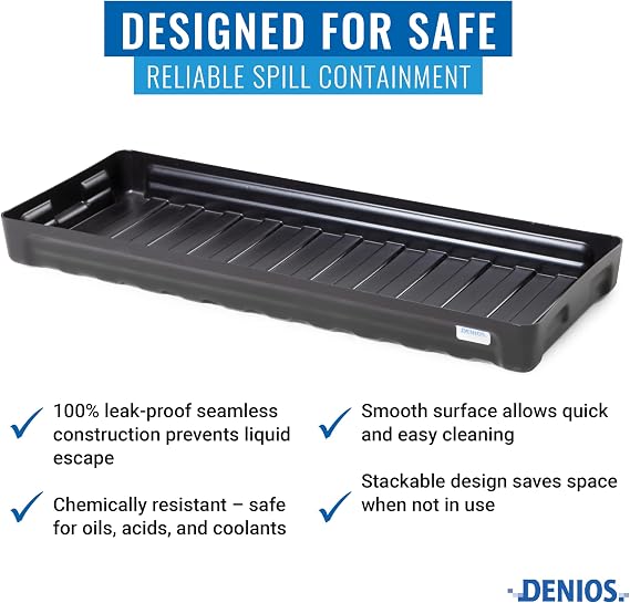 DENIOS Spill Containment Trays - 5 Gallon Capacity | Heavy-Duty Spill Tray (39X15X3.5 in) for Industrial Use | Leak-Proof, Durable, Chemical-Resistant Pan