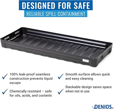 DENIOS Spill Containment Trays - 5 Gallon Capacity | Heavy-Duty Spill Tray (39X15X3.5 in) for Industrial Use | Leak-Proof, Durable, Chemical-Resistant Pan
