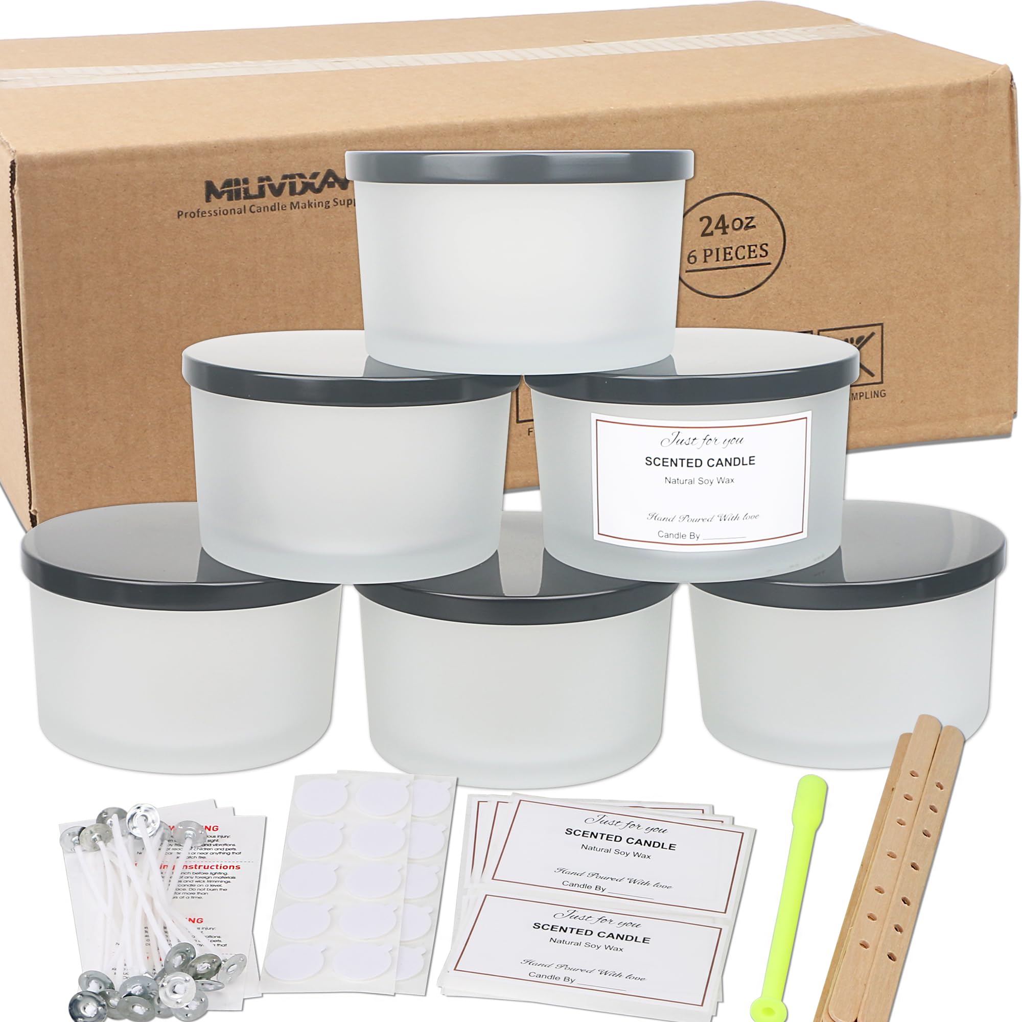 MILIVIXAY Lot de 6 pots à bougie en verre dépoli vide de 680 ml avec couvercle en métal - Kit pour fabrication de grandes bougies - 3 pots supplémentaires