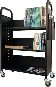 Workington Rolling Book Truck Book Cart with 3 Flat Shelves, Library Book Cart with Swivel Lockable Casters 3001 Black