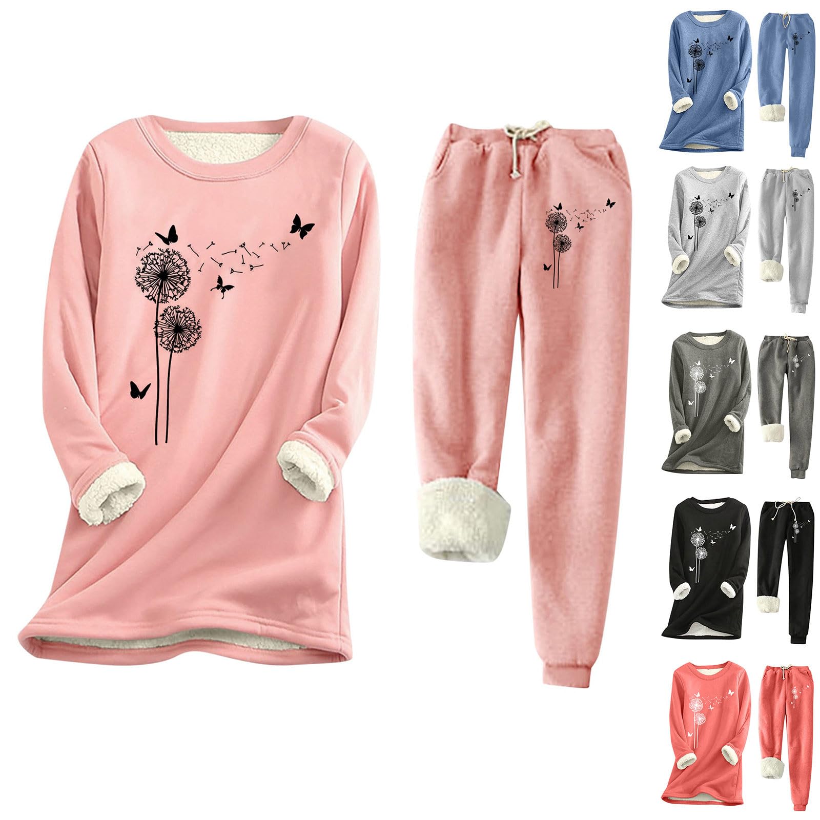 Generisch Pigiama da donna in pile con stampa, set di due pezzi, con pantaloni per il sonno, invernale, termico, morbido, loungewear da jogging, tuta sportiva, pantaloni casual, 2 pezzi