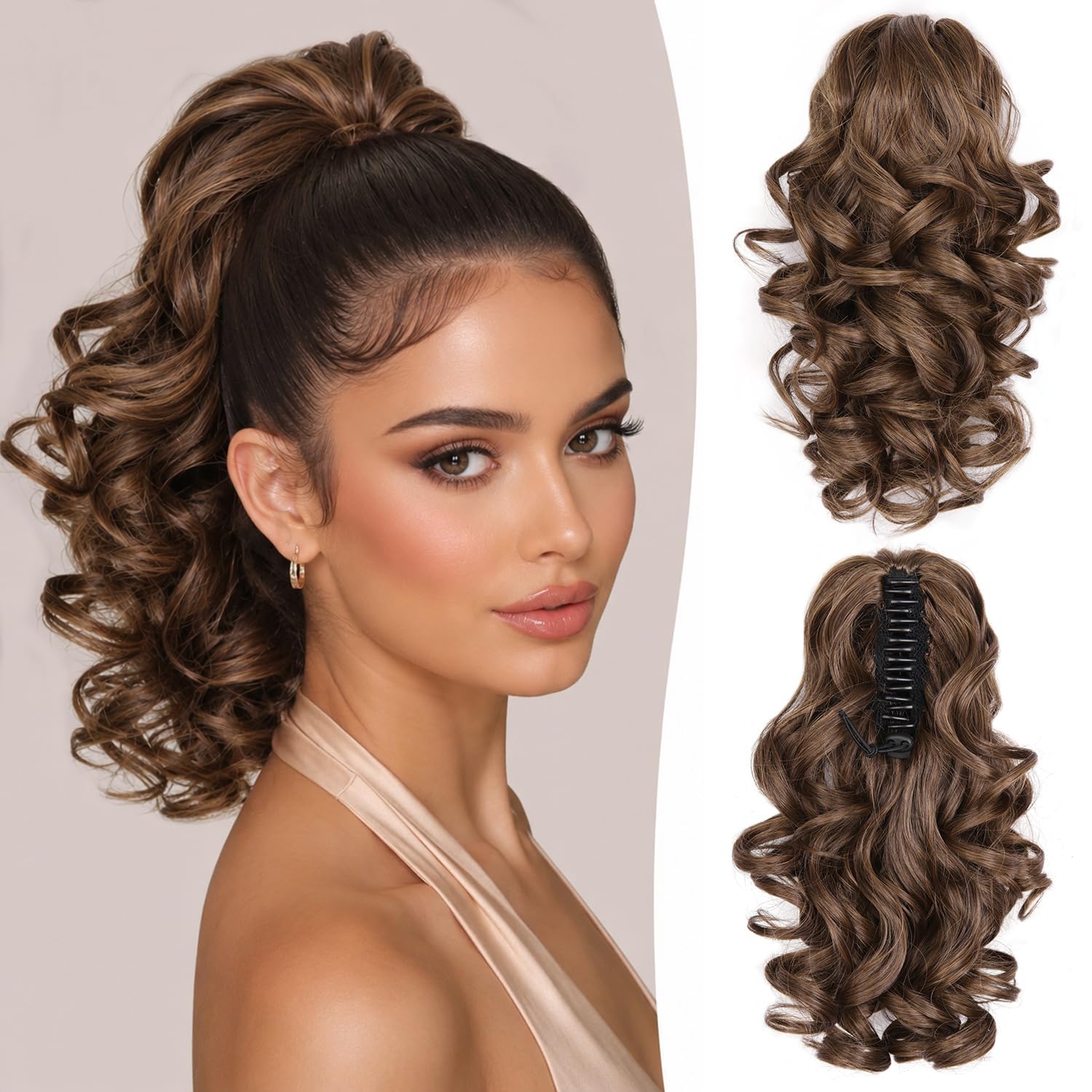 Photo 1 of 12 Inch Ponytail Extension - Clip in Ponytail Hair Extensions, Curly Wavy Pony Tails Hair Extensions, Synthetic Claw Clip Ponytail Extension for Women (Color: Medium Brown Mixed Honey Blonde)