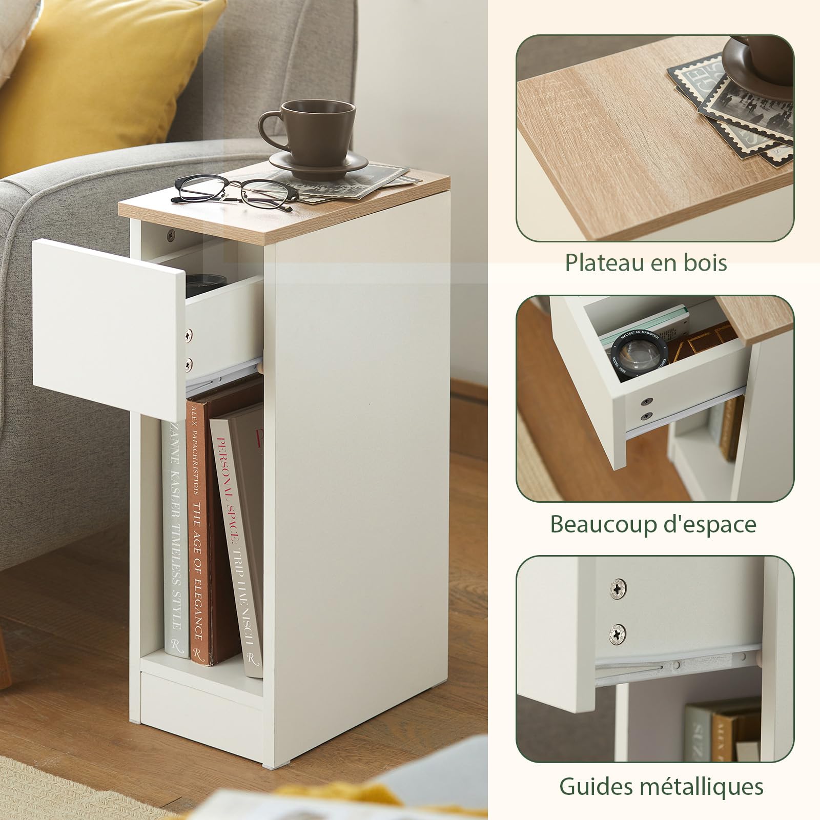 SoBuy Lot de 2 Table de Chevet étroite 20 cm avec tiroir Table de Nuit Gain de Place & Chevet de lit pour Petits espaces Chambre Salon Blanc 20x35x60 cm FBT111-WNx2