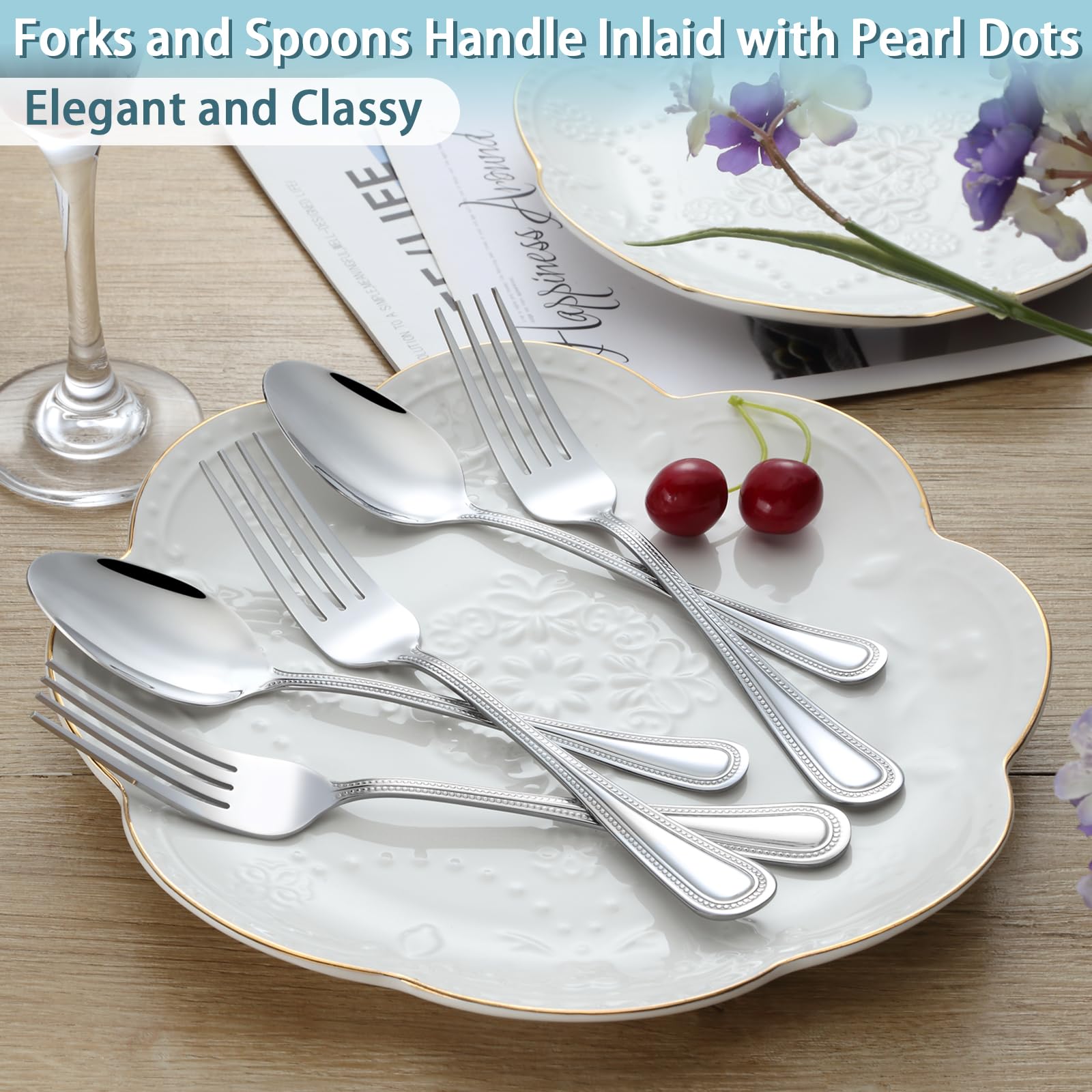 24 PCS Spoons and Forks Set, Food Grade Stainless Steel with Pearl Dot Design Handle Silverware Set, Mirror Polished Dishwasher Safe, Silverware Forks and Spoons for Home or Restaurant — Amazon image 5