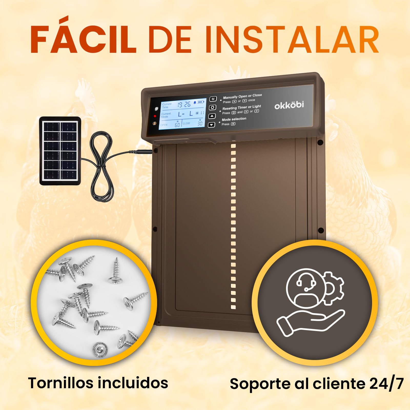 Puerta Gallinero Automatica Solar - Pantalla LCD - Puerta Automatica Gallinero con Mando a distancia, Sensor de luz y Temporizador - Seguridad y Tranquilidad: Función anti-pellizco - 5 años protección