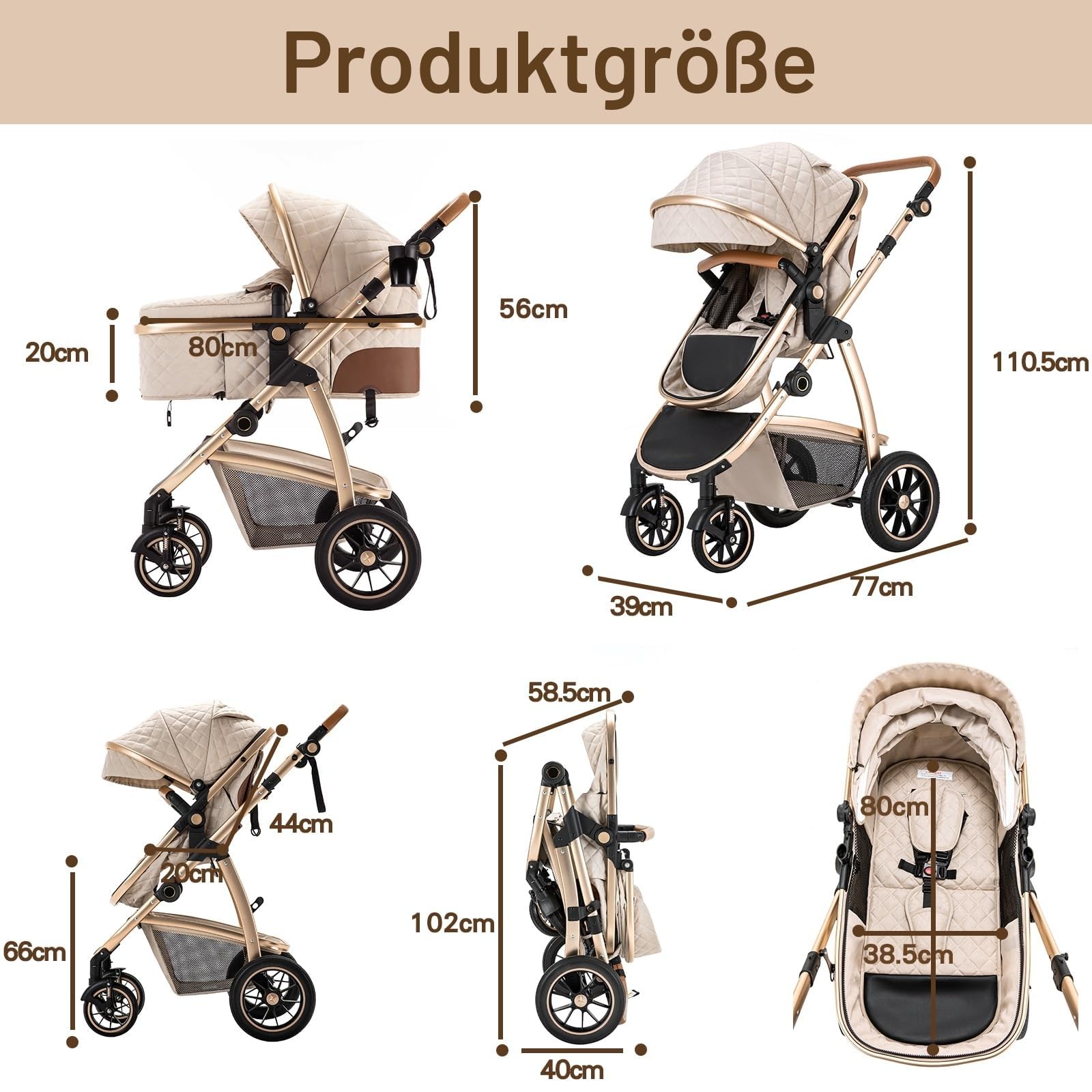 Kinderwagen 3 in 1 KombiKinderwagen mit Auto Babyschale, Aluminiumrahmen, höhenverstellbar, für Neugeborene 0-4 Jahre