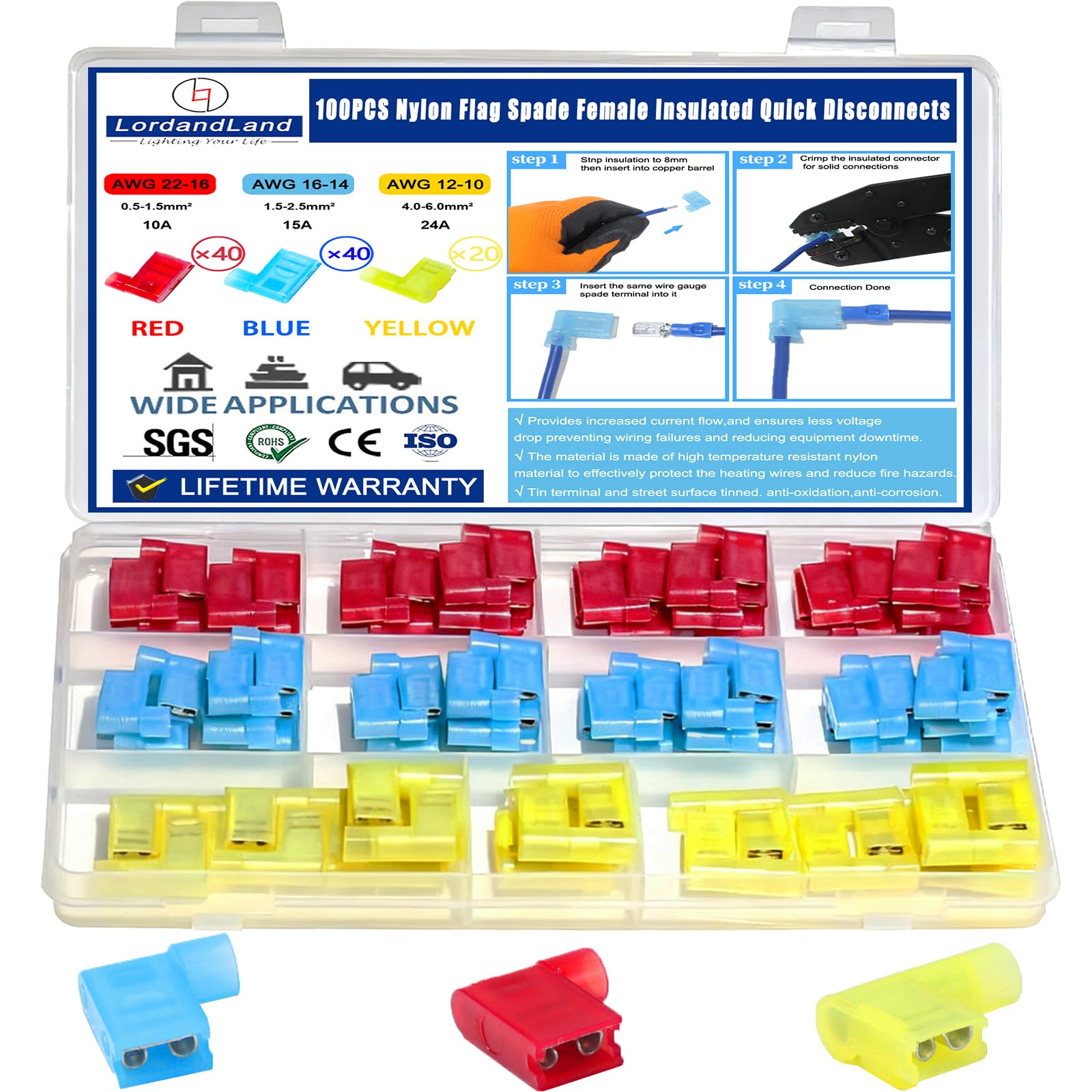 Lot de 100 cosses femelles isolées en nylon à déconnexion rapide 22-18/16-14/12-10 AWG à angle droit rouge/jaune/bleu 90 degrés